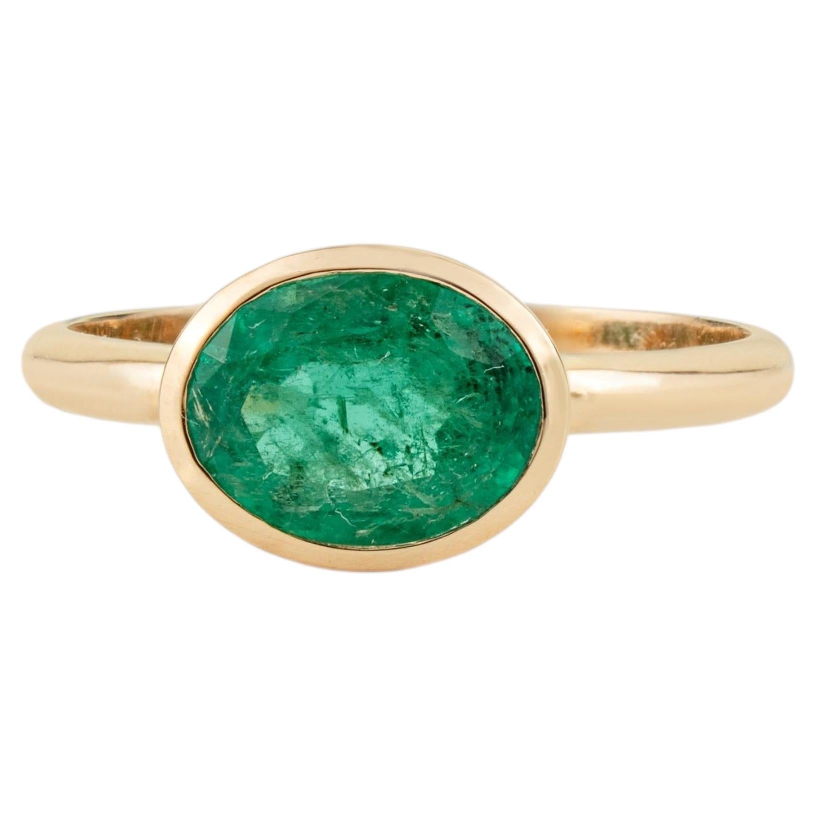 1.64ct Natural Oval Zambian Emerald Bezel Set Solitaire Ring in 18K Yellow Gold