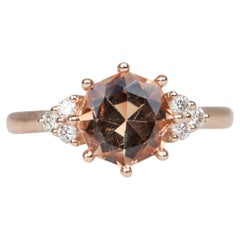1.64ct Octagon Shape Oregon Sunstone Diamond Trio 14K Rose Gold Engagement Ring
