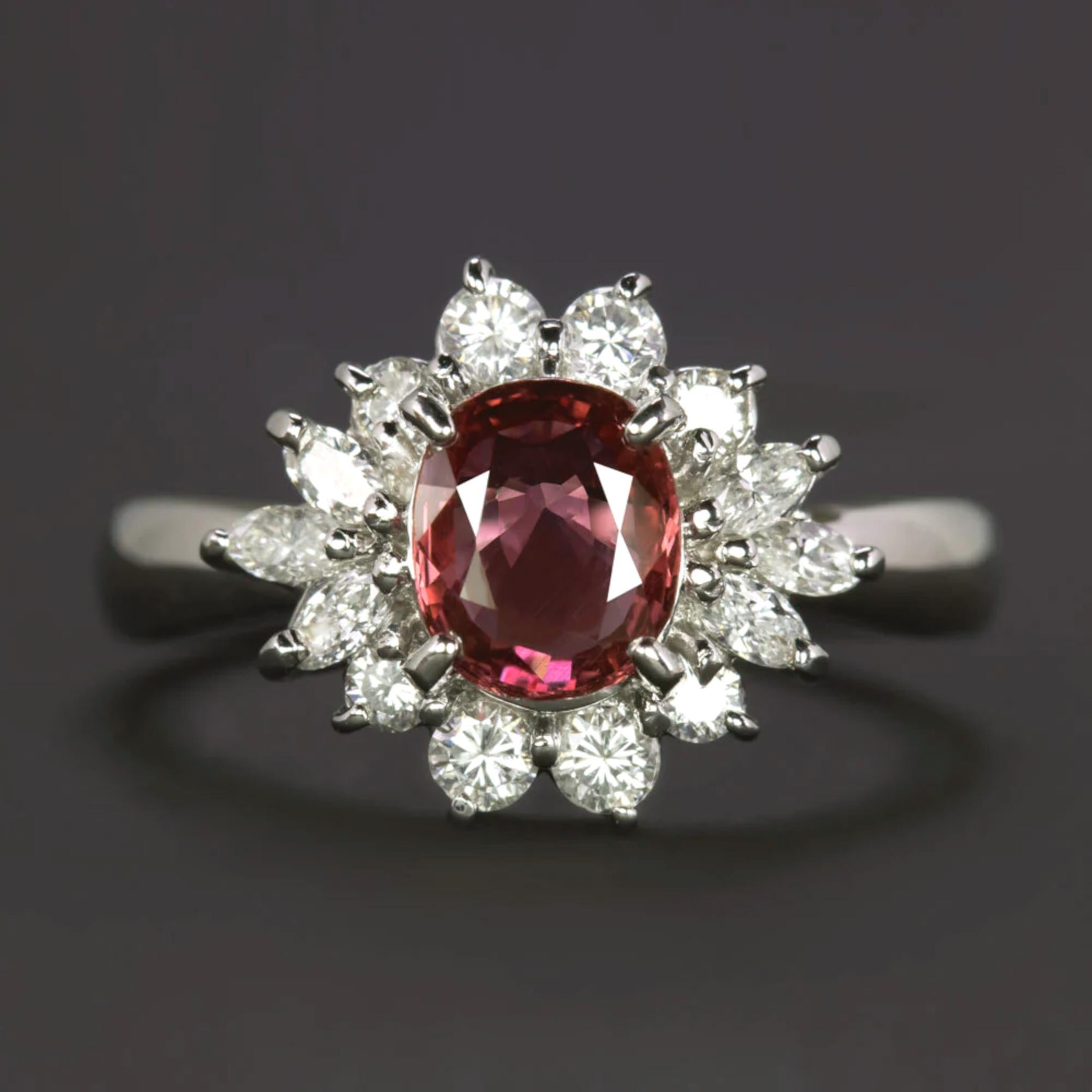 Contemporary 1.64Ct Oval Red Ruby And Diamond Ring Platinum Cocktail For Sale