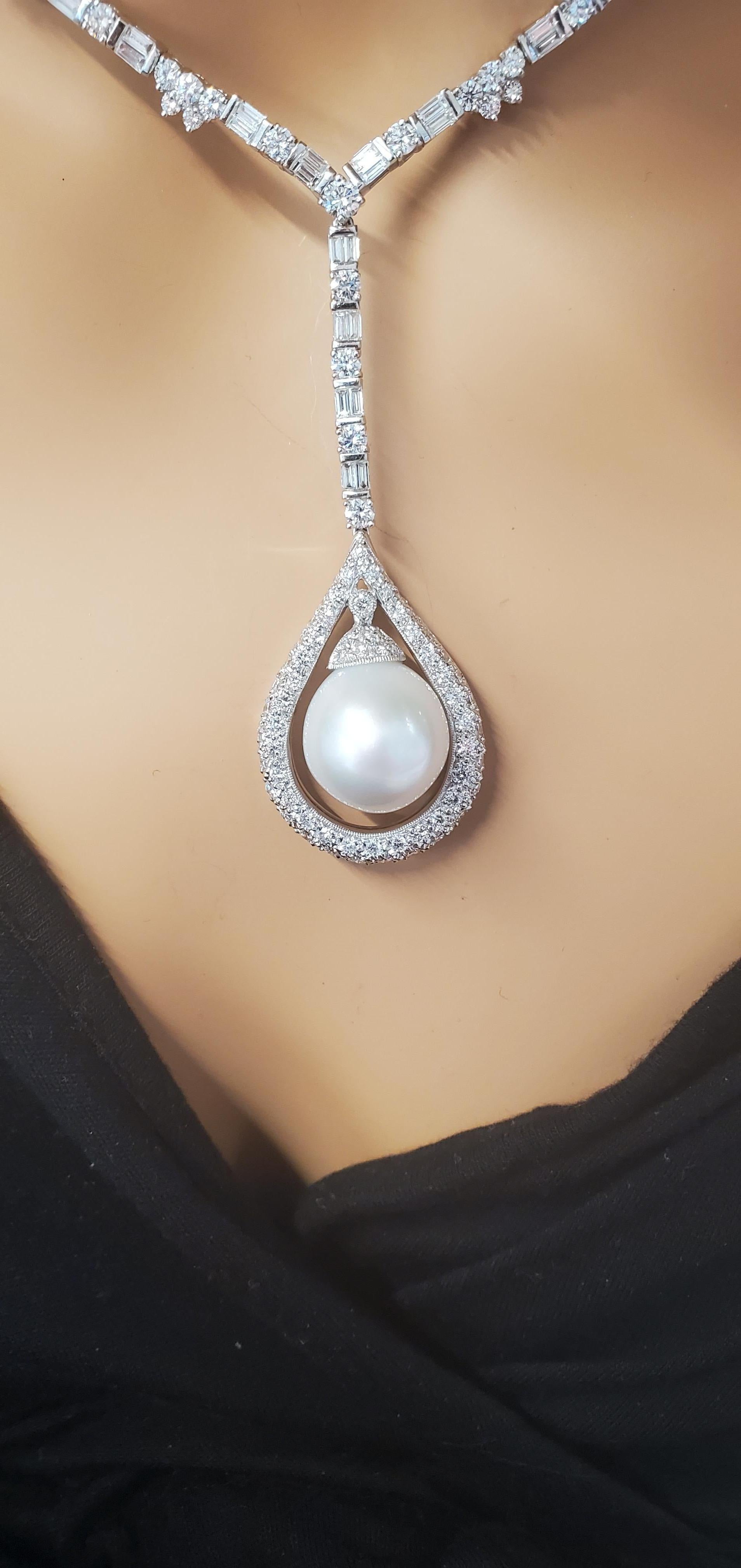 Contemporary Round Pearl & Diamond Detachable Pendant 18K White Gold For Sale
