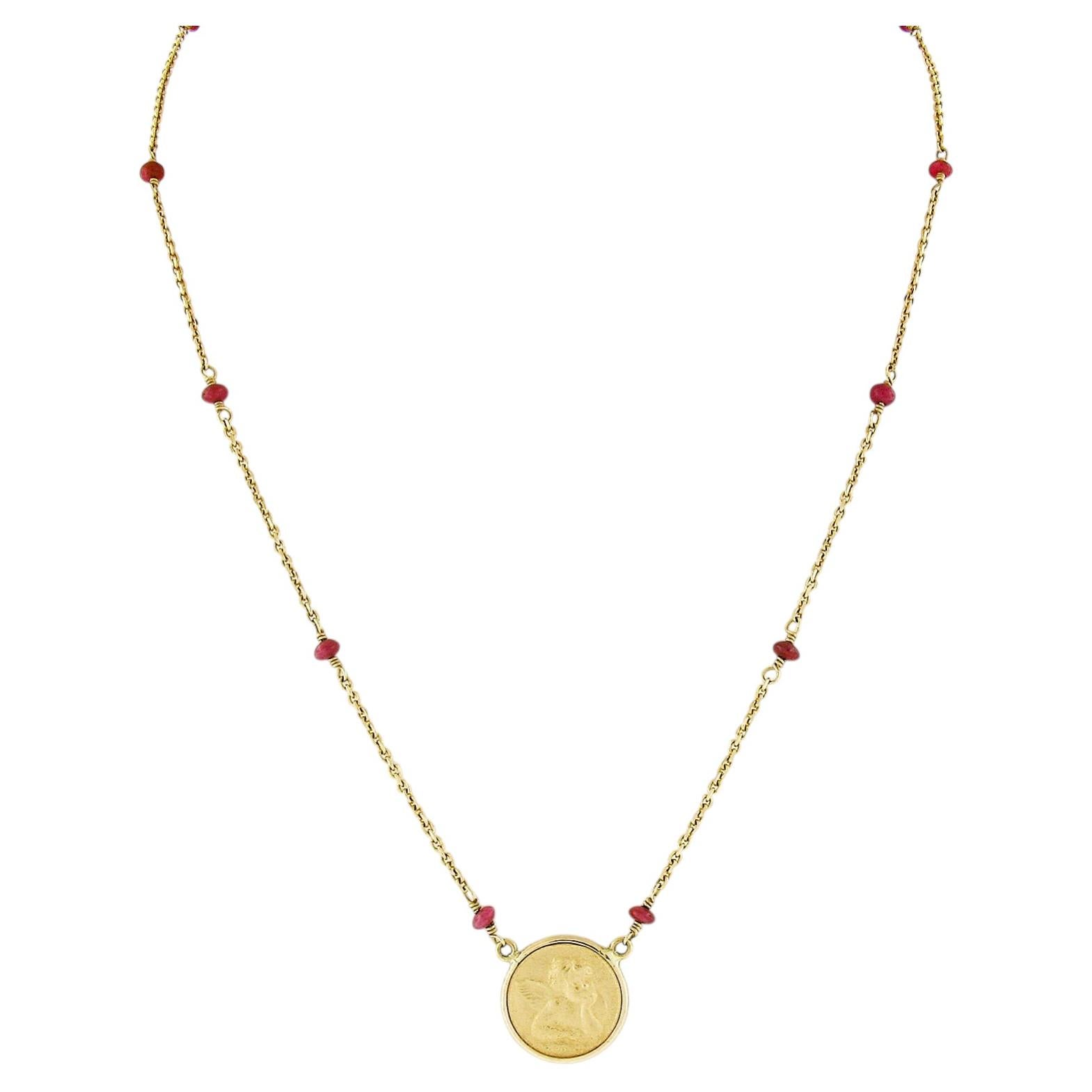 Collier 16.5" 14k Gold Ruby by the Yard Chain with 18k Cherub Angel Round Pendant Necklace