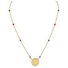 16.5" 14k Gold Ruby by the Yard Chain w/ 18k Cherub Angel Round Pendant Necklace