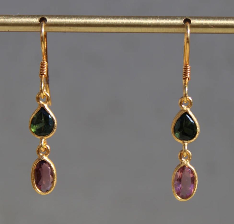 Modern 1.65 Carat 14K Pink & Green Tourmaline 2 Stone French Wire Dangle Earrings For Sale