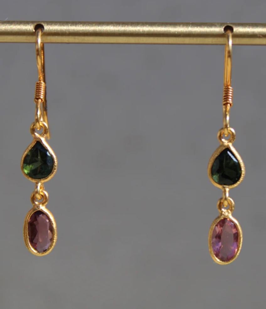 Oval Cut 1.65 Carat 14K Pink & Green Tourmaline 2 Stone French Wire Dangle Earrings For Sale