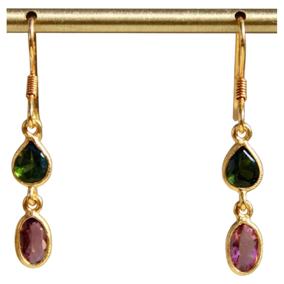 1.65 Carat 14K Pink & Green Tourmaline 2 Stone French Wire Dangle Earrings For Sale