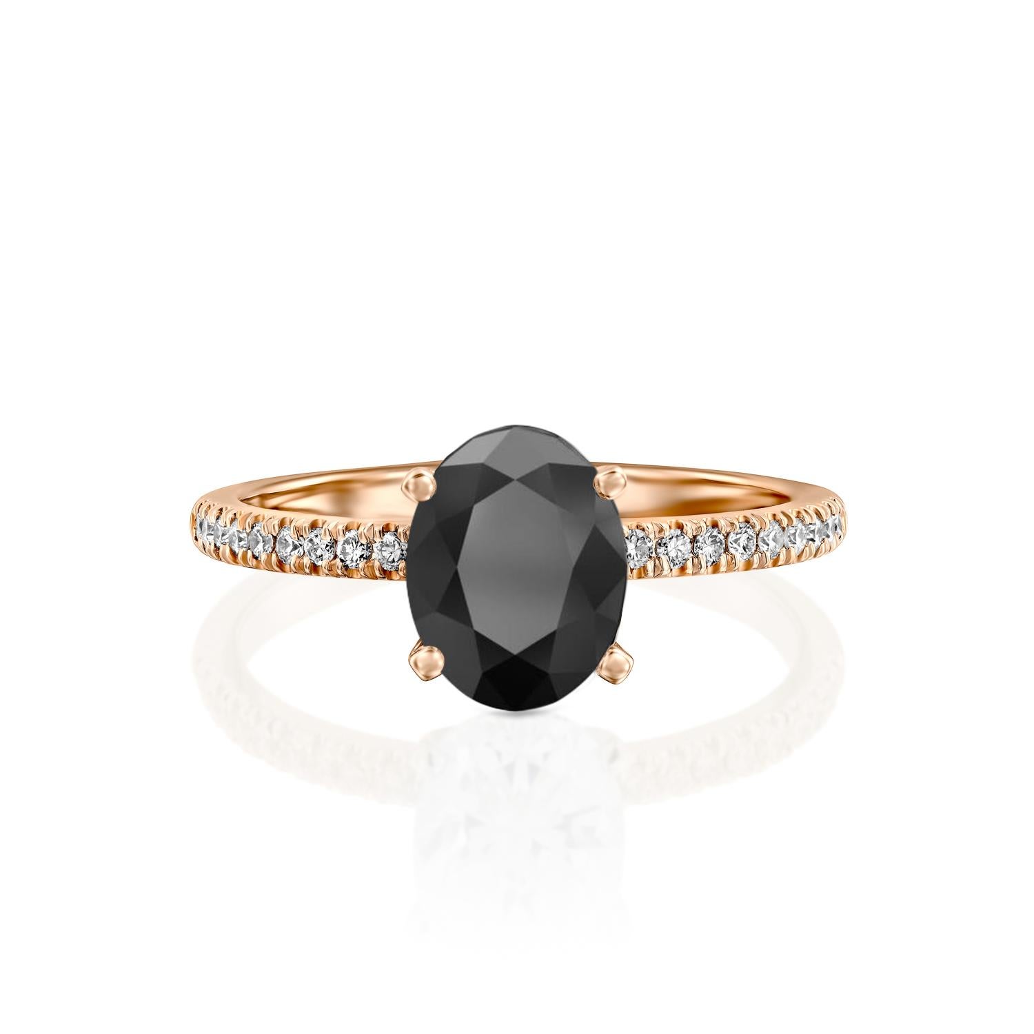 Beautiful solitaire with accents vintage style diamond engagement ring. Center stone is natural, oval shaped, AAA quality black diamond of 1.5 carat and it is surrounded by smaller natural diamonds approx. 0.15 total carat weight. The total carat
