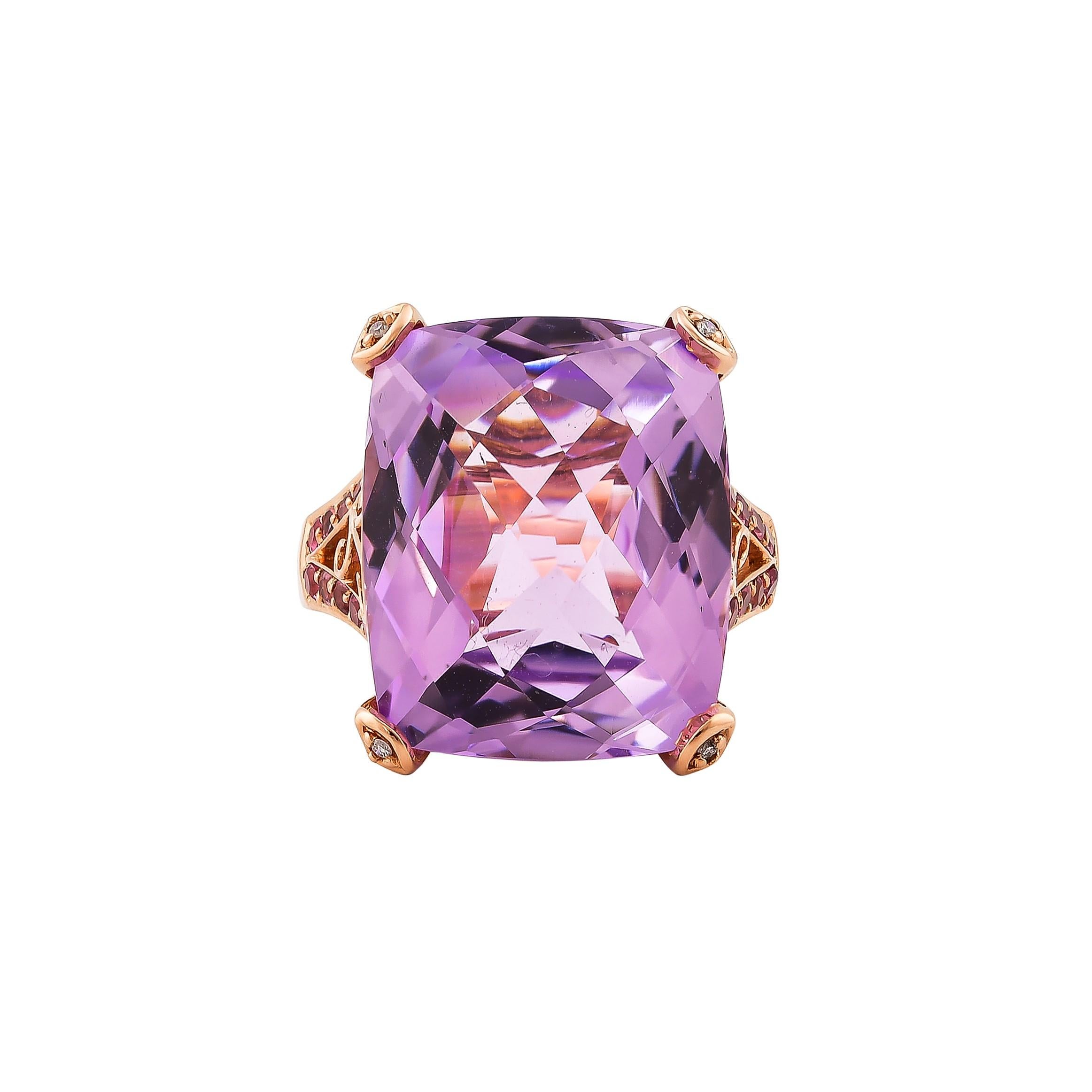 Contemporary 16.5 Carat Amethyst Ring in 14 Karat Rose Gold with Diamonds and Pink Tourmaline