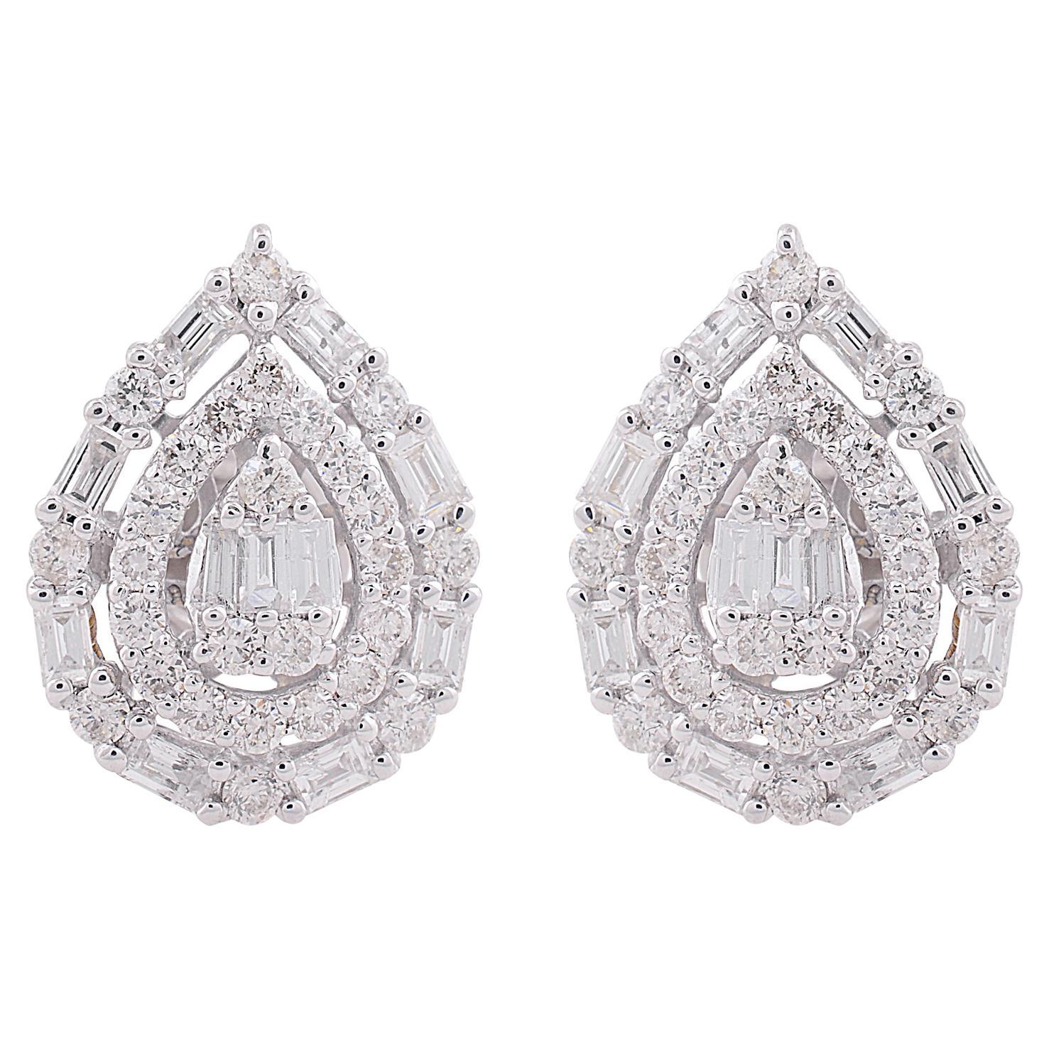 1.65 Carat Baguette Diamond Stud Earrings 14k White Gold Handmade Fine Jewelry For Sale