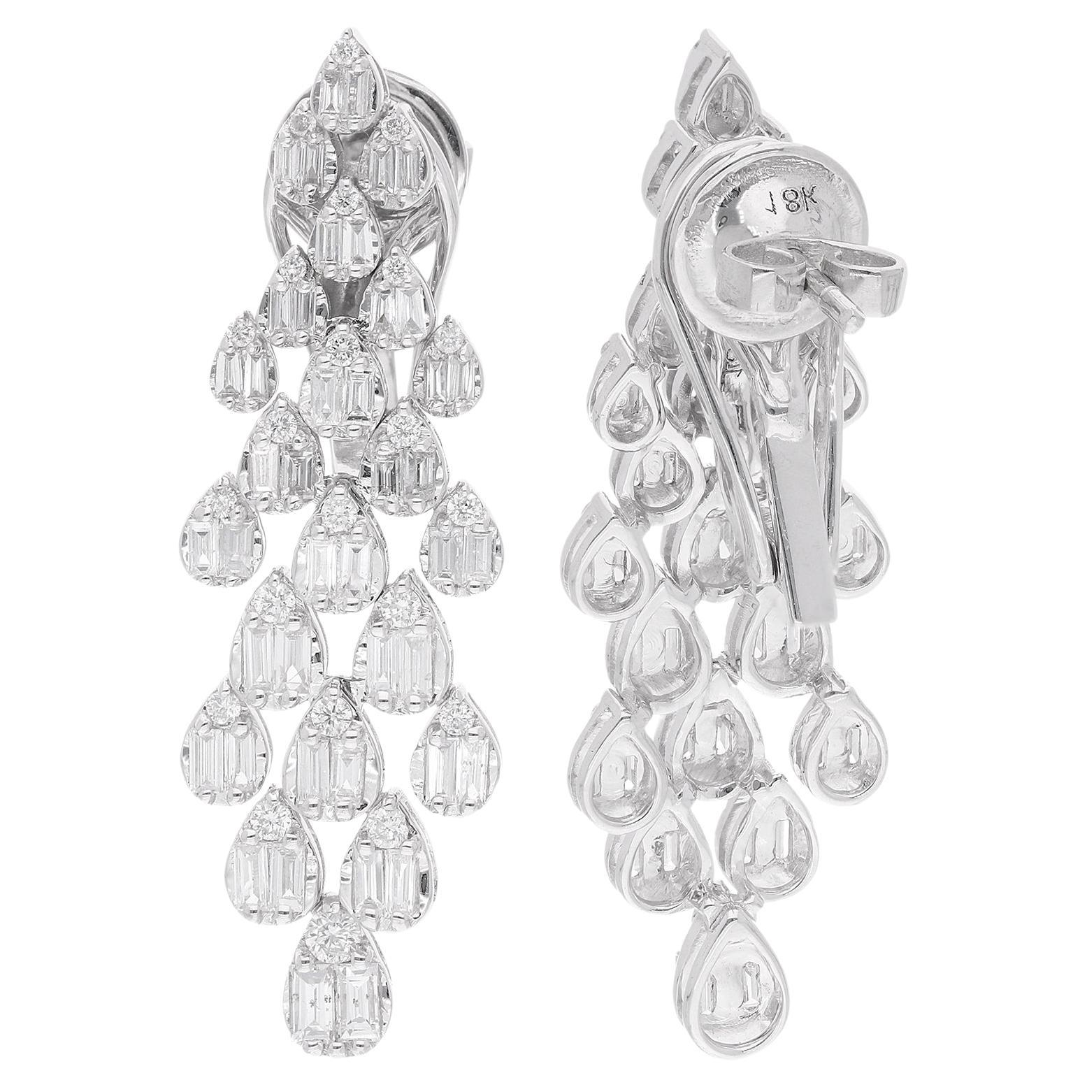 1.65 Carat Baguette & Round Diamond Dangle Earrings 18 Karat White Gold Jewelry For Sale