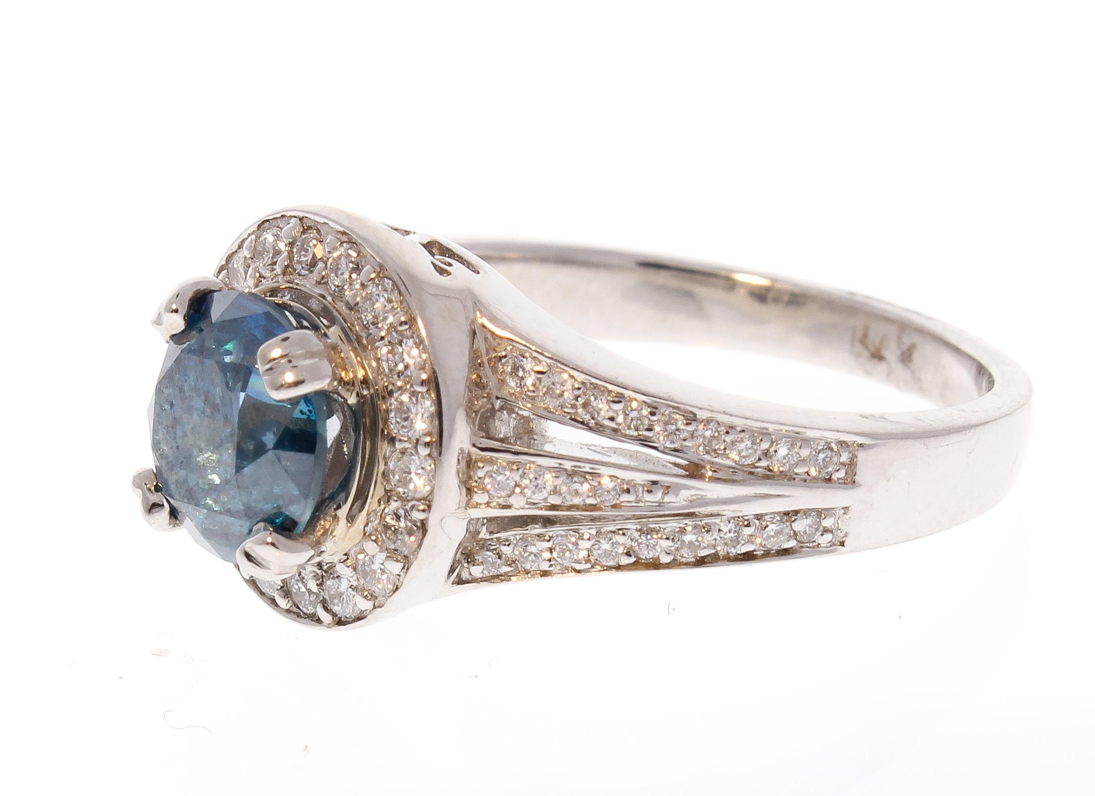 Contemporary 1.65 Carat Blue Irradiated Diamond and White Diamond White Gold Cocktail Ring