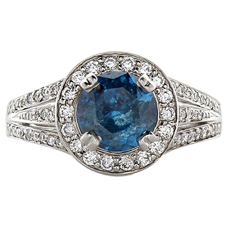 1.65 Carat Blue Irradiated Diamond and White Diamond White Gold Cocktail Ring