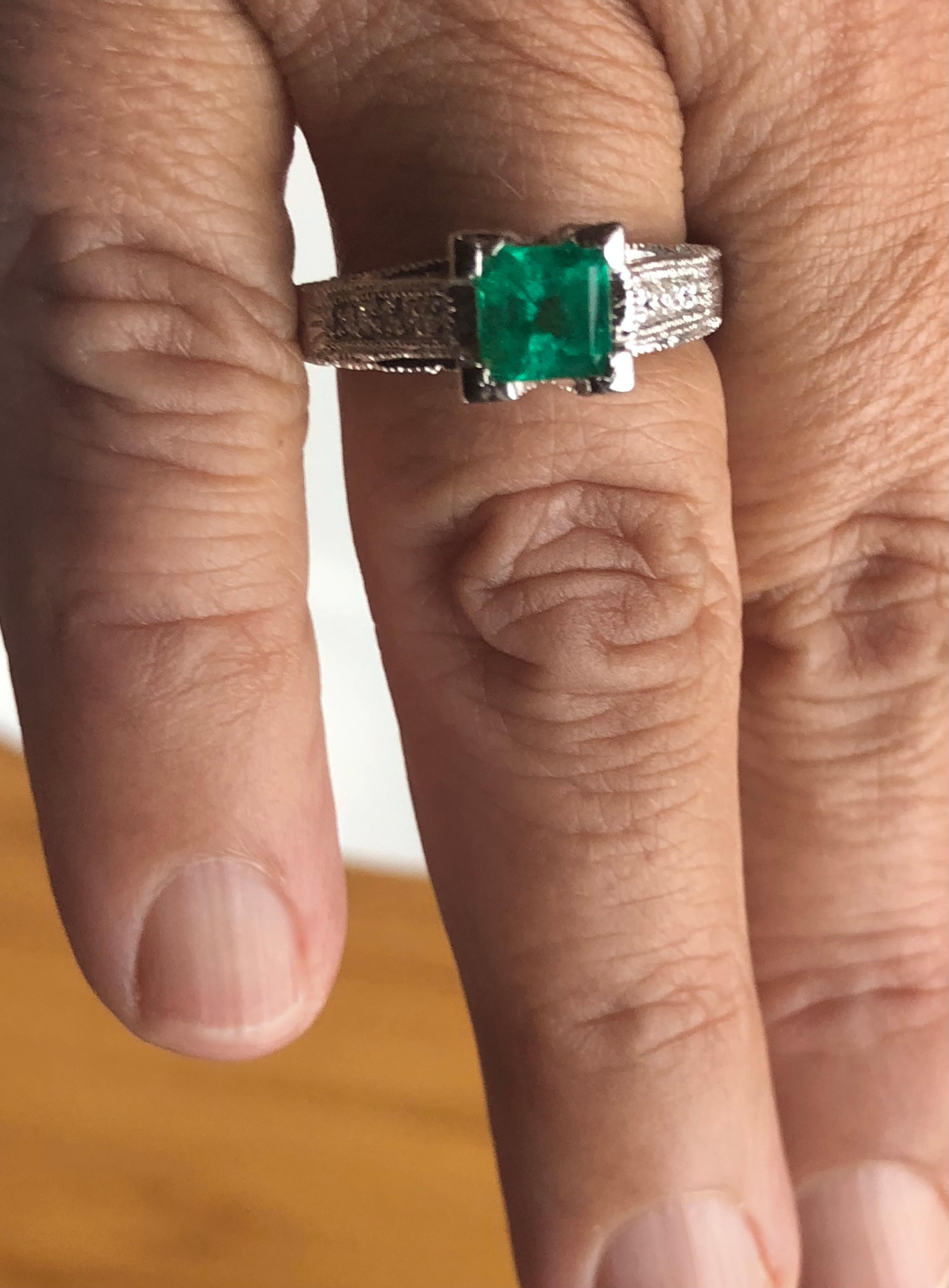 1.65 Carat Colombian Natural Emerald Diamond Engagement Wedding Ring Platinum
Composition: Solid Platinum
Primary Stone: Natural Colombian Emerald
Shape or Cut: Square Cut
Emerald Weight: Approx. 1.15 Carats (1 emerald)
Measurements Emerald: