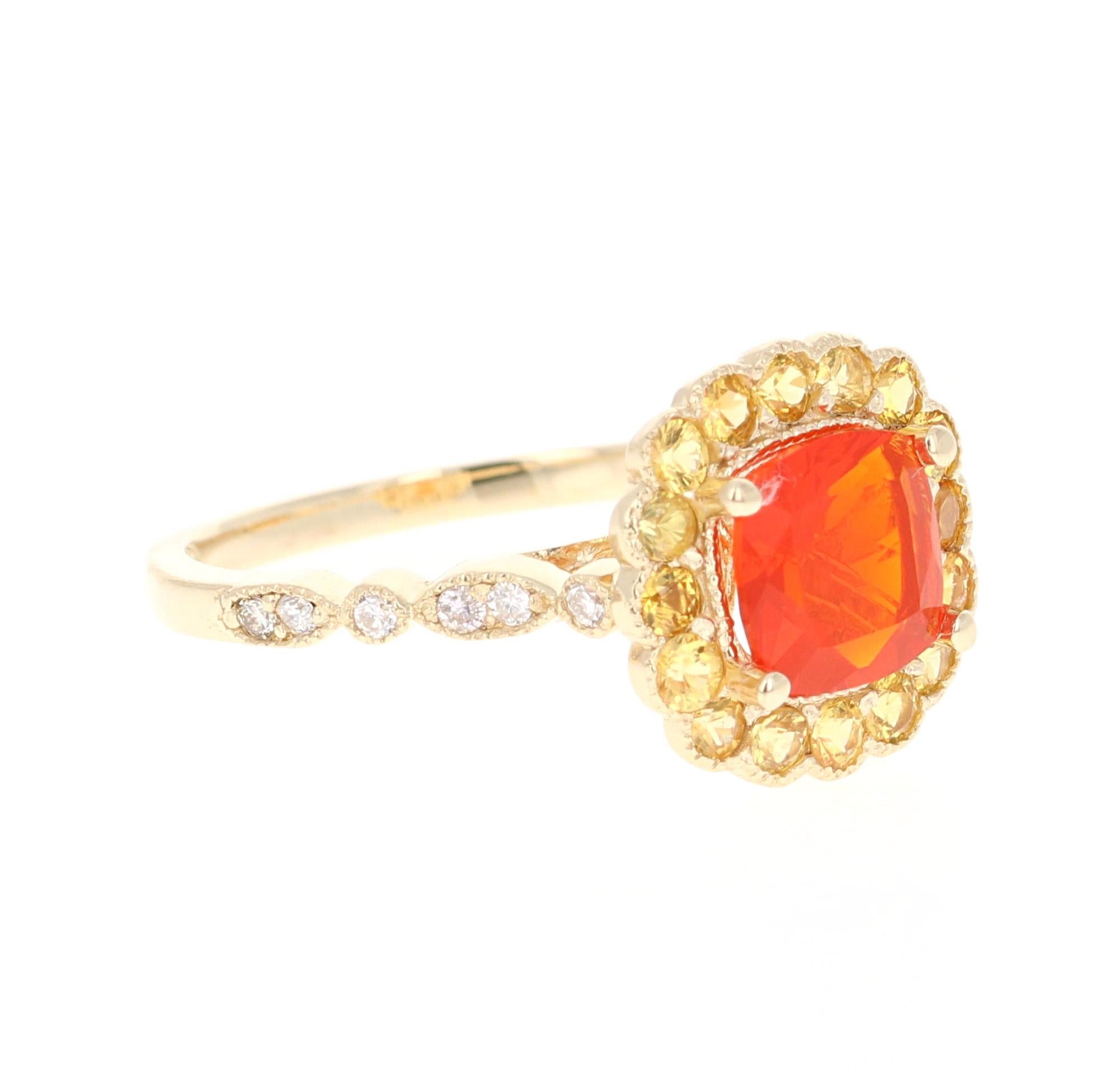 Beautiful Fire Opal, Yellow Sapphire and Diamond Ring!

This uniquely designed ring has a 0.87 carat Cushion Cut Fire Opal in the center of the ring.  The Fire Opal is surrounded by 16 Round Cut Yellow Sapphires that weigh 0.65 carats and 12 Round