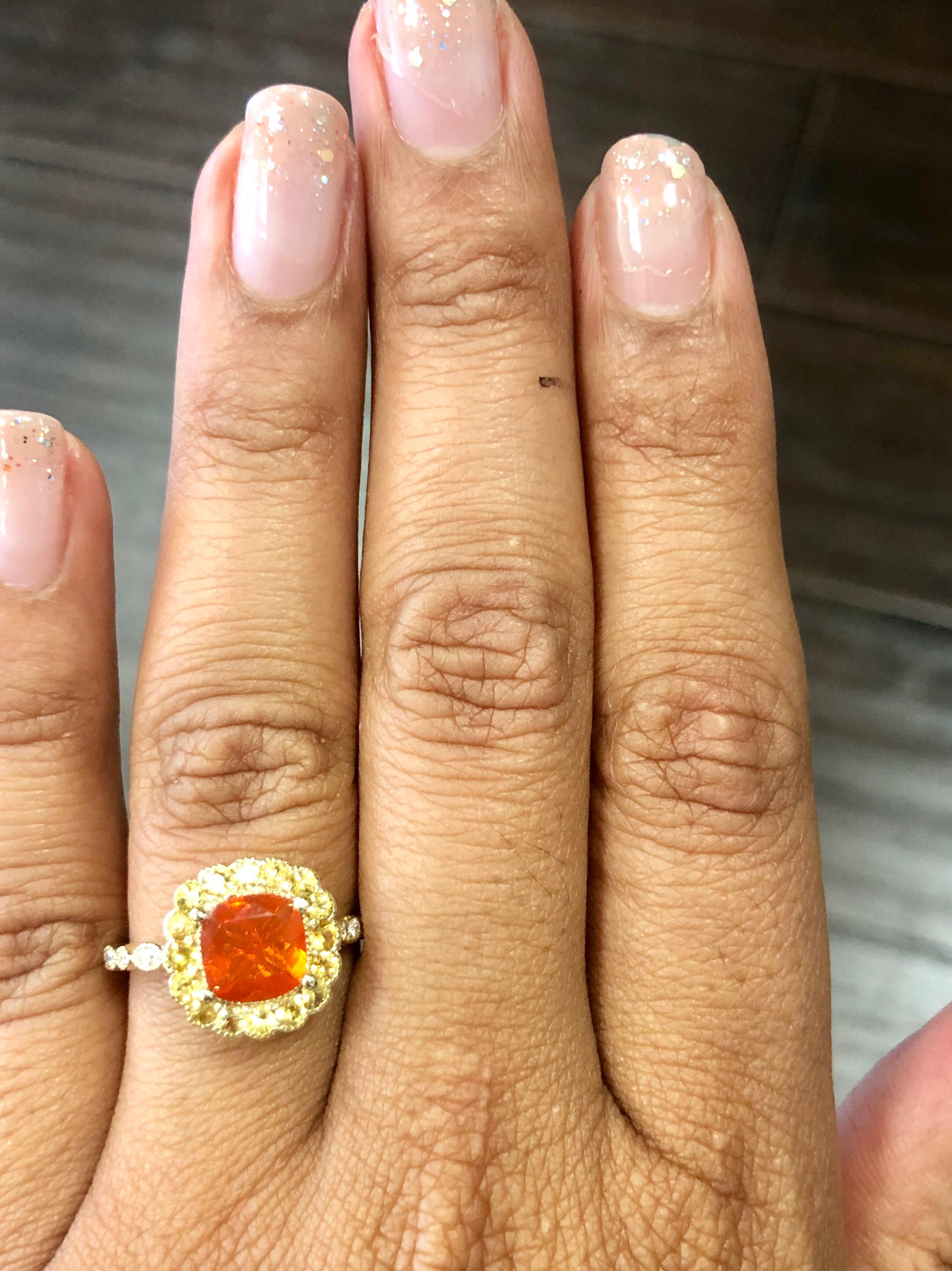 1.65 Carat Cushion Cut Fire Opal Diamond 14 Karat Yellow Gold Ring In New Condition In Los Angeles, CA