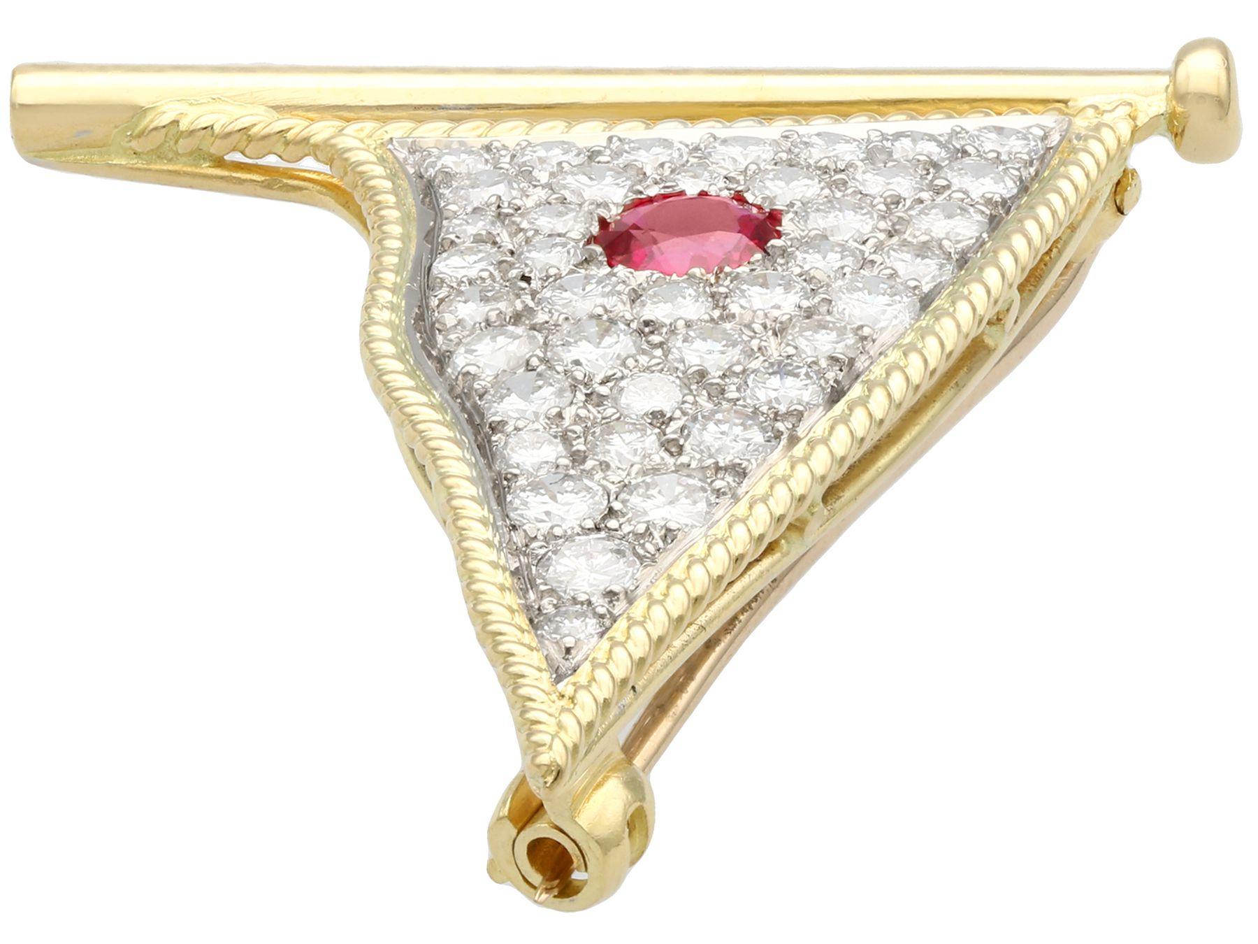 Round Cut 1.65 Carat Diamond and Ruby Yellow Gold Flag Brooch For Sale