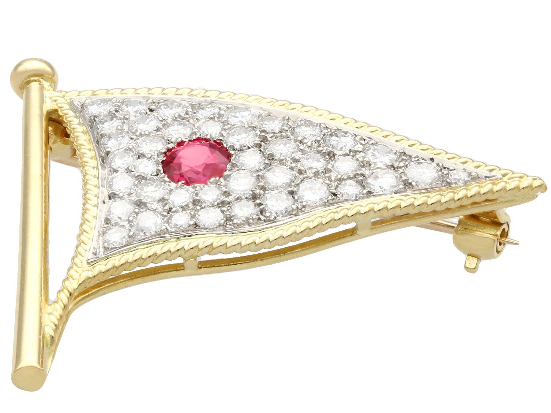 1.65 Carat Diamond and Ruby Yellow Gold Flag Brooch In Excellent Condition For Sale In Jesmond, Newcastle Upon Tyne