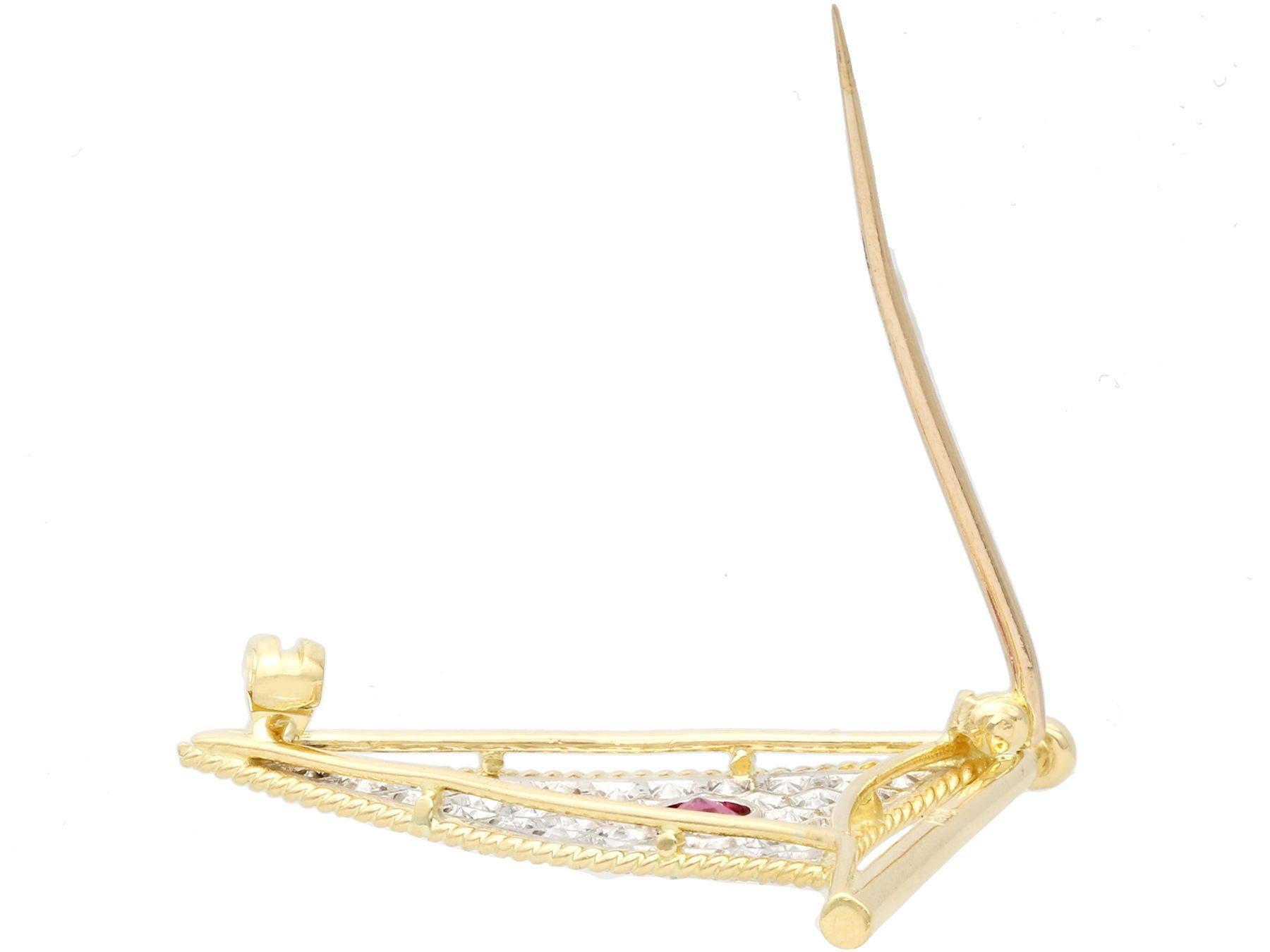Round Cut 1.65 Carat Diamond and Ruby Yellow Gold Flag Brooch For Sale