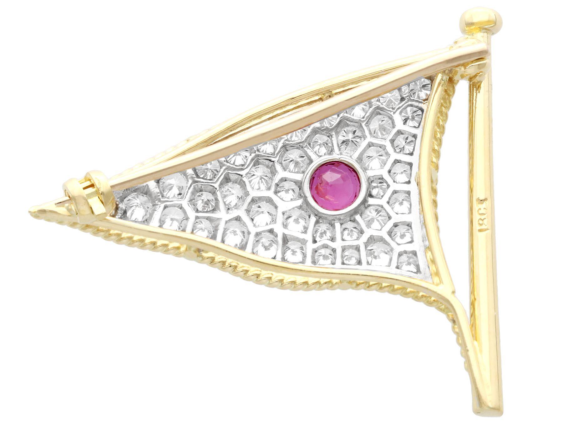 1.65 Carat Diamond and Ruby Yellow Gold Flag Brooch In Excellent Condition For Sale In Jesmond, Newcastle Upon Tyne