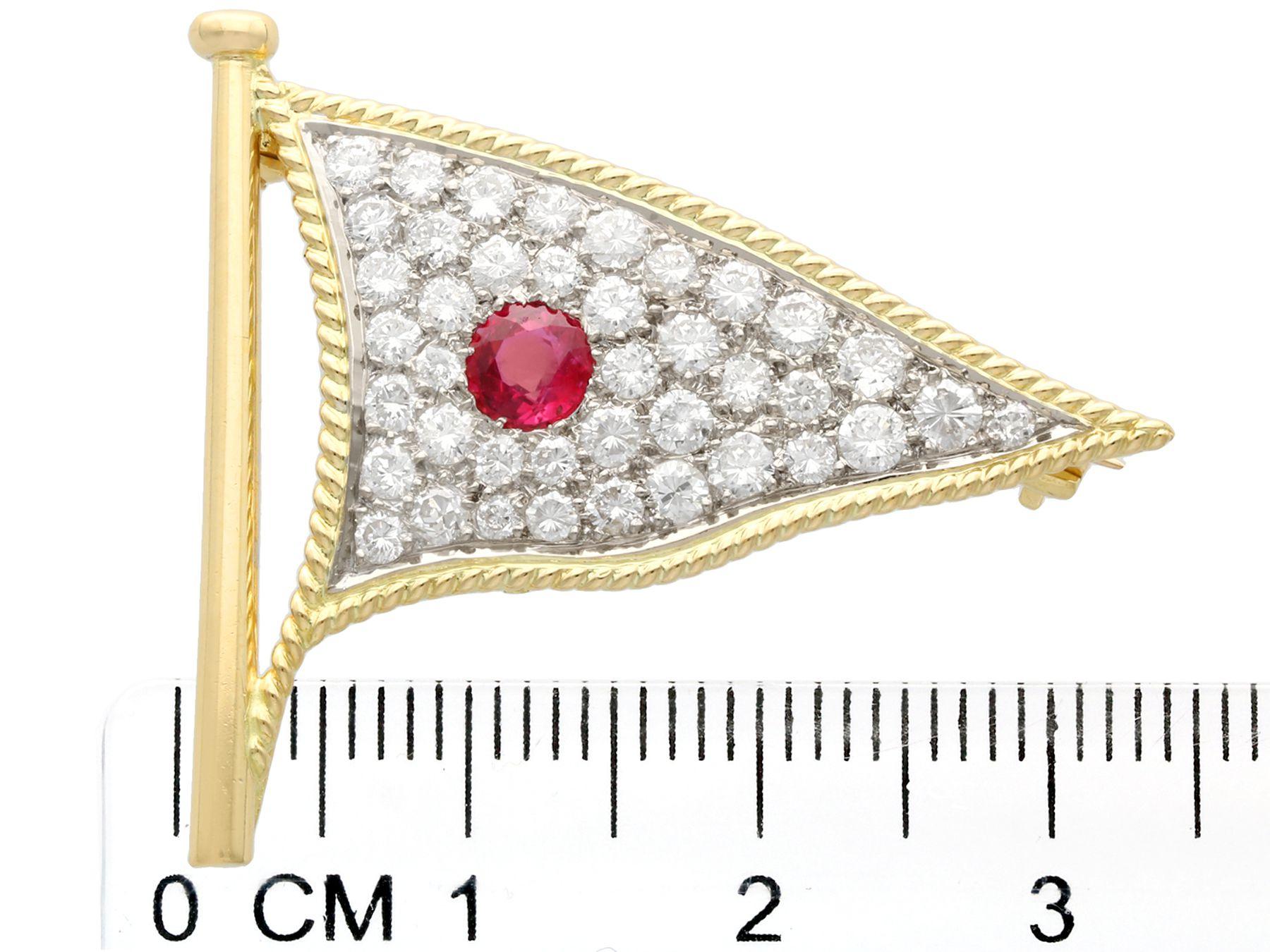 1.65 Carat Diamond and Ruby Yellow Gold Flag Brooch For Sale 2