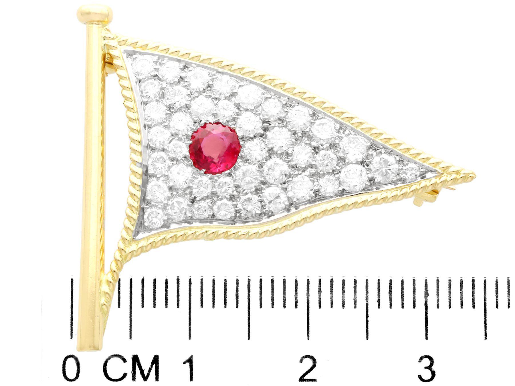 Women's or Men's 1.65 Carat Diamond and Ruby Yellow Gold Flag Brooch For Sale