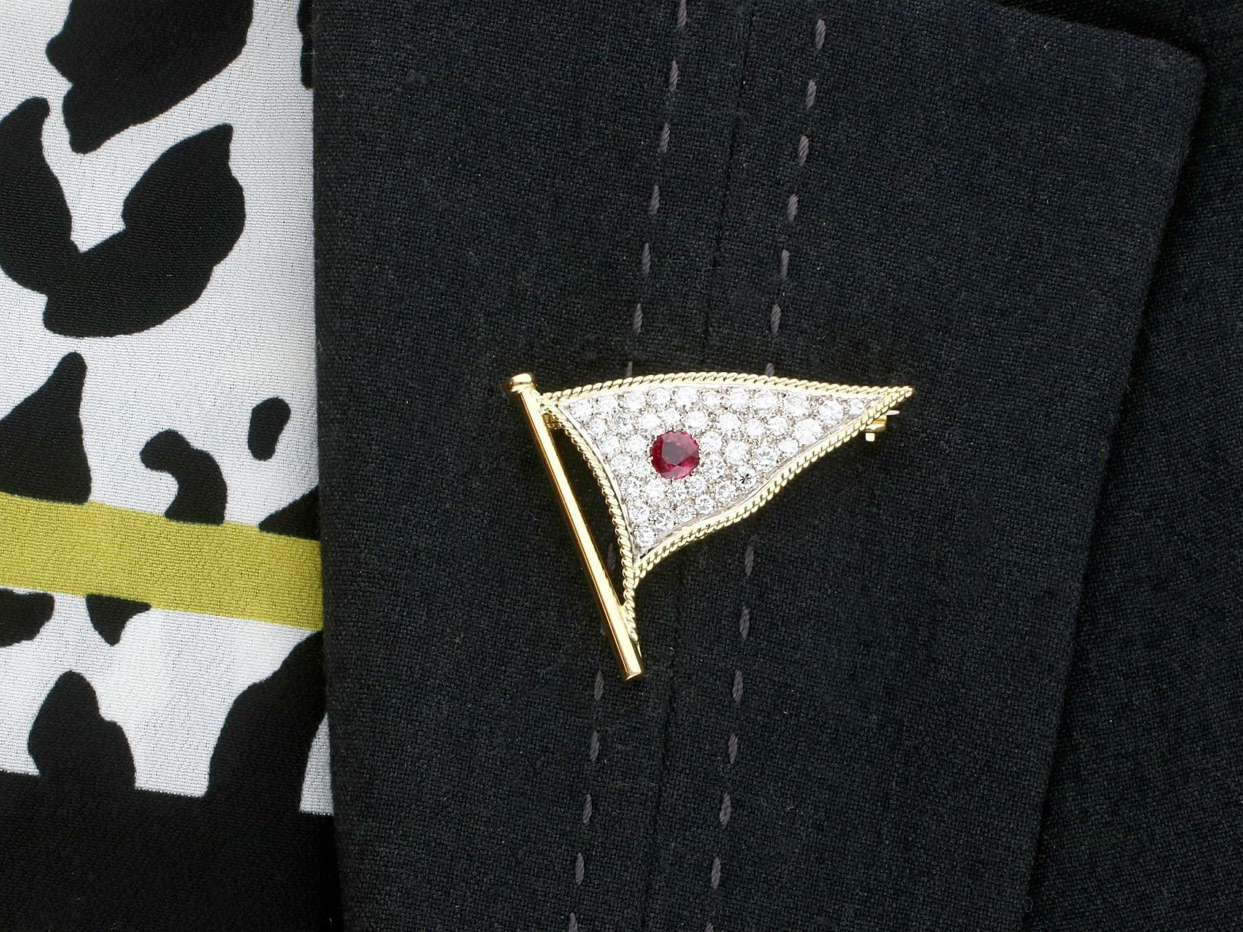 1.65 Carat Diamond and Ruby Yellow Gold Flag Brooch For Sale 3