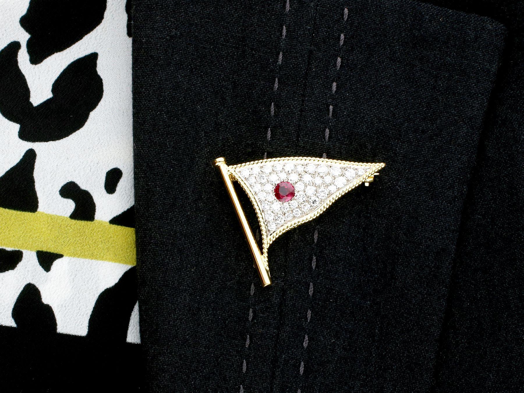 1.65 Carat Diamond and Ruby Yellow Gold Flag Brooch For Sale 1