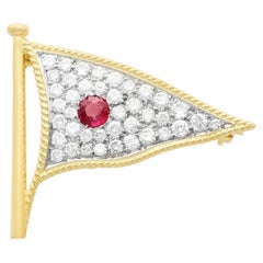 1.65 Carat Diamond and Ruby Yellow Gold Flag Brooch
