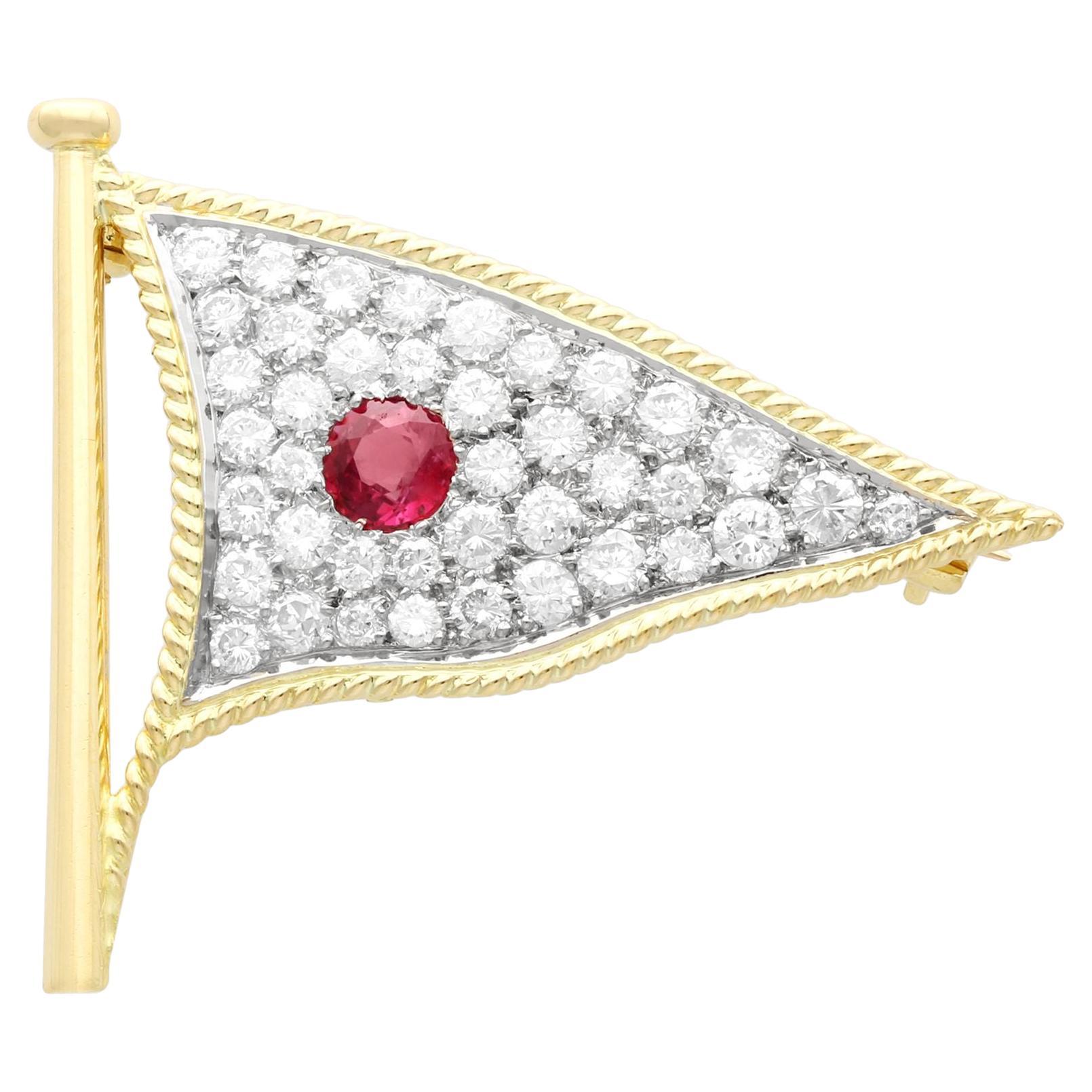 1.65 Carat Diamond and Ruby Yellow Gold Flag Brooch