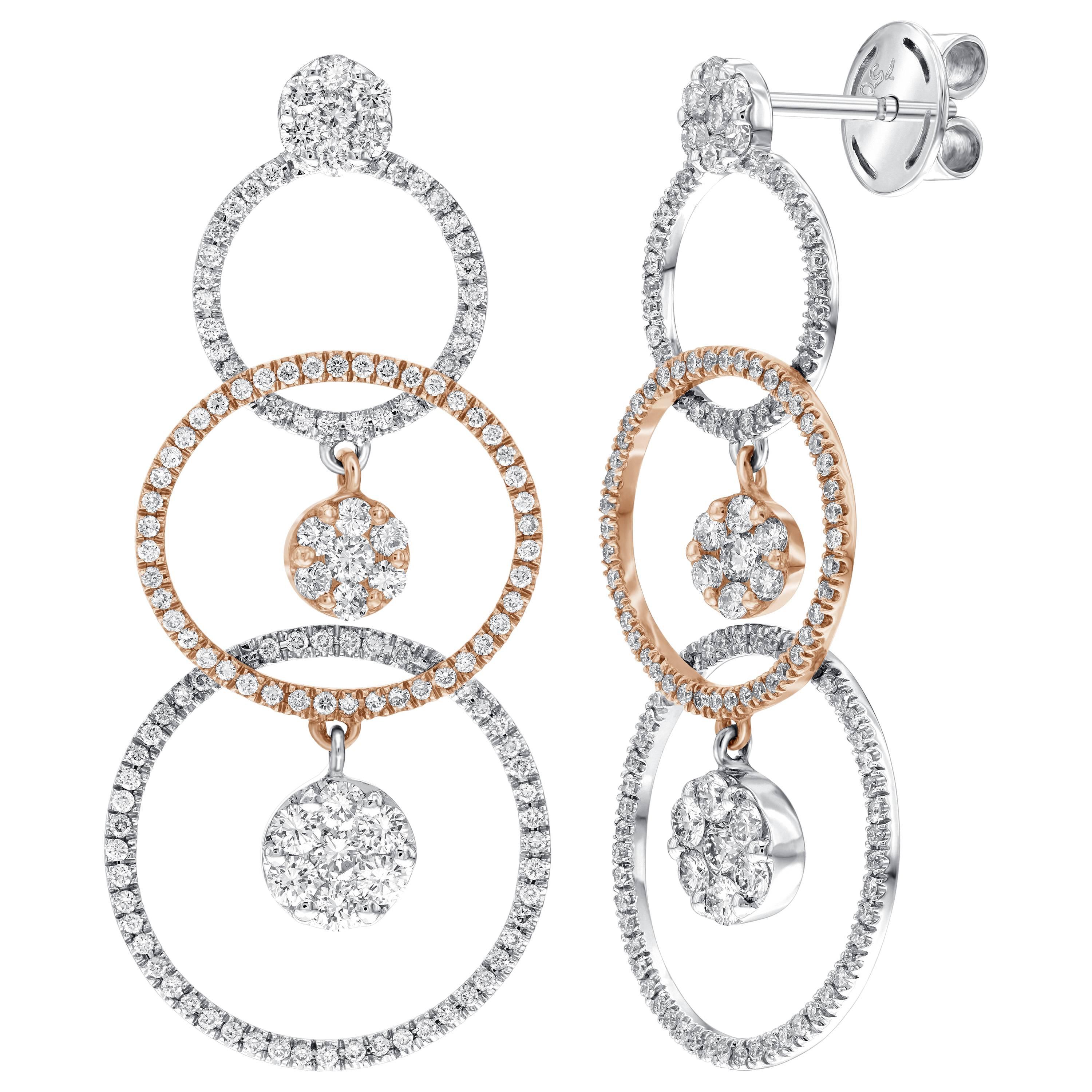 Bispoke 1.65 Carat Diamond Hoop Cluster 18 Karat Rose White Gold Drop Earrings For Sale