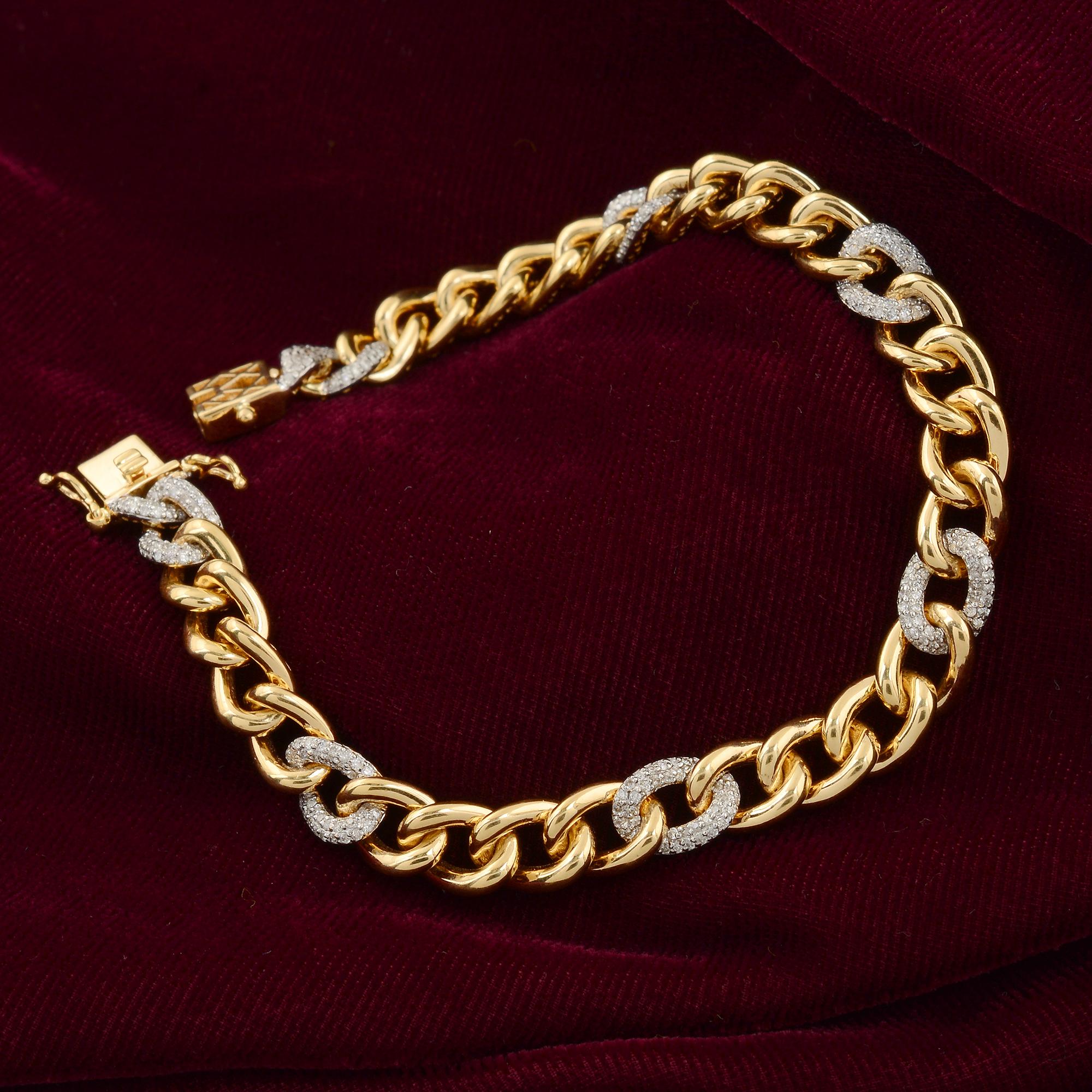 Modern 1.65 Carat Diamond Pave Cuban Link Chain Bracelet 14 Karat Two Tone Gold Jewelry For Sale