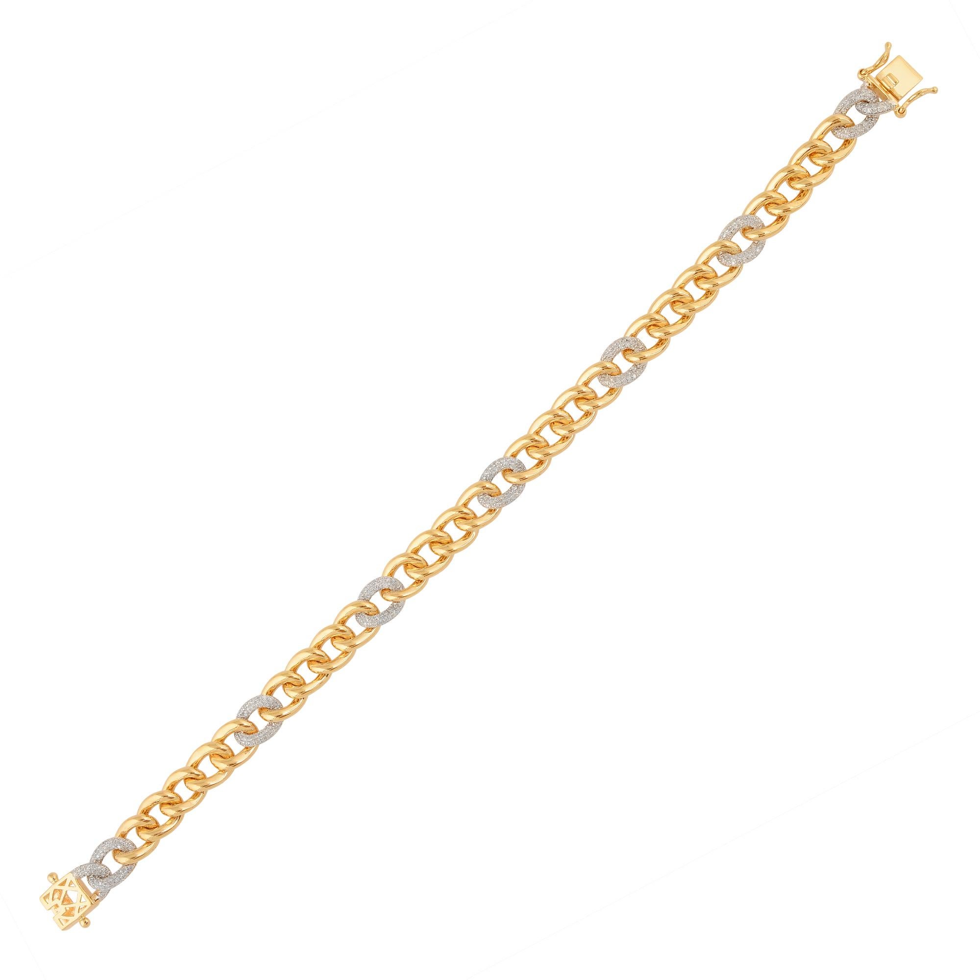 Round Cut 1.65 Carat Diamond Pave Cuban Link Chain Bracelet 14 Karat Two Tone Gold Jewelry For Sale