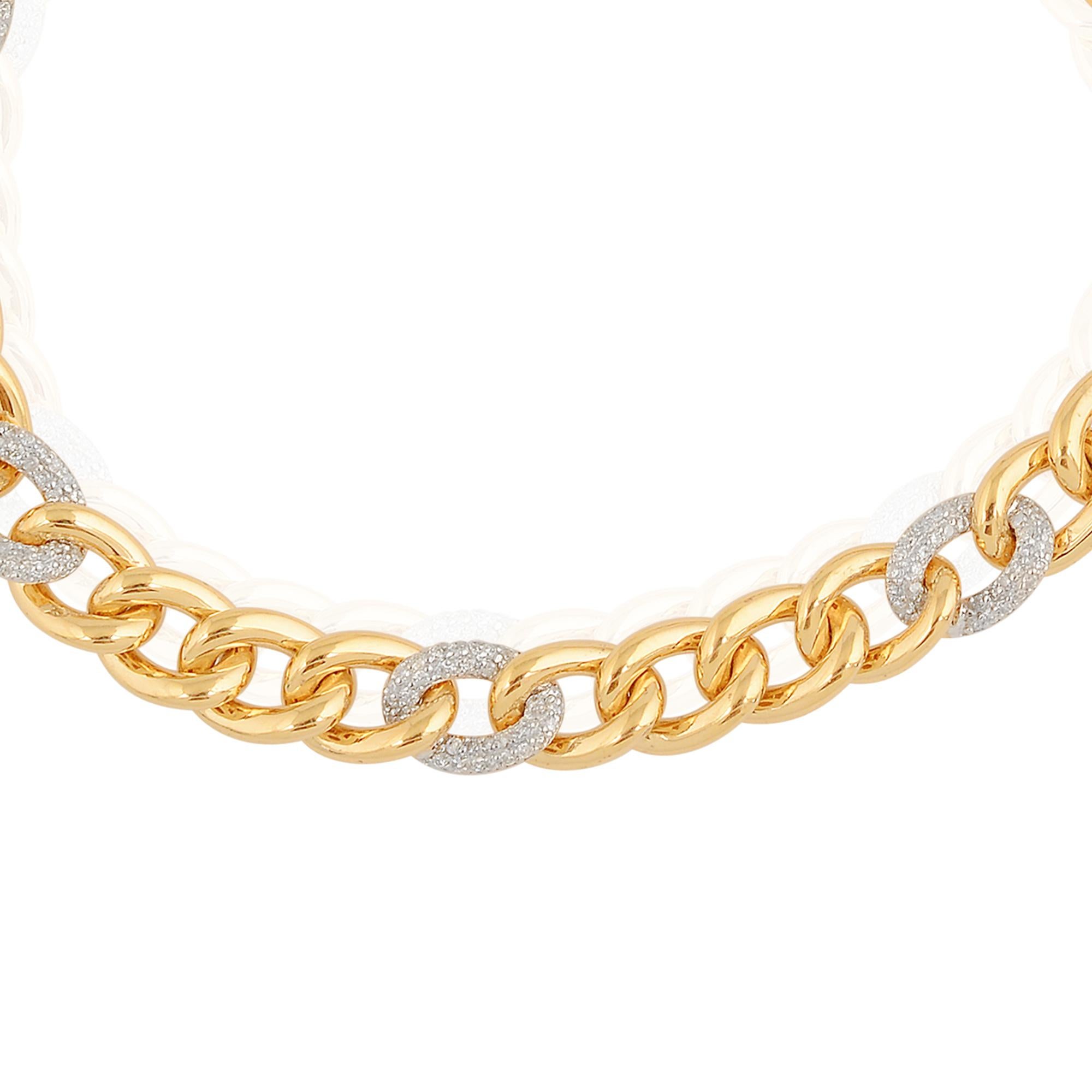 Women's 1.65 Carat Diamond Pave Cuban Link Chain Bracelet 14 Karat Two Tone Gold Jewelry For Sale