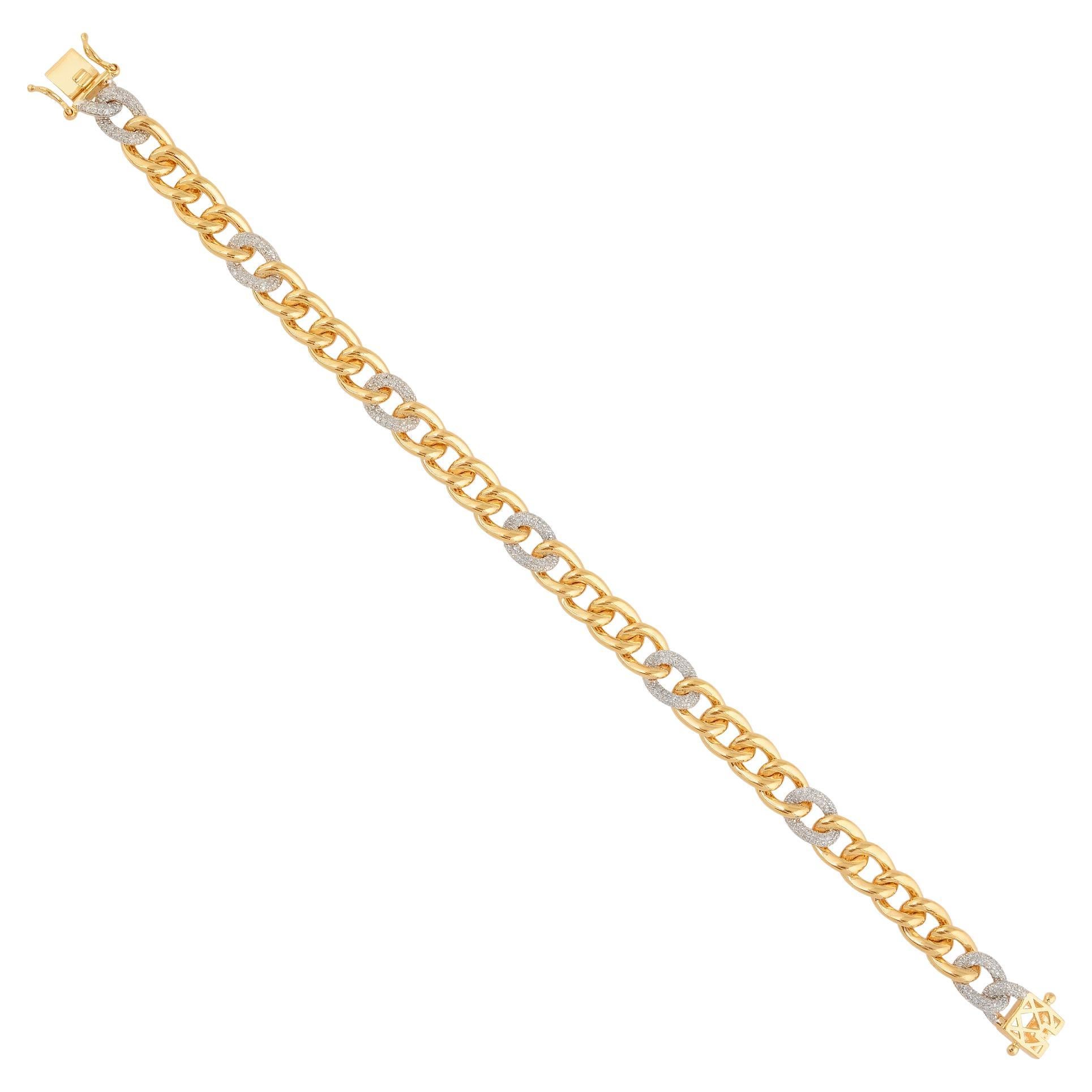 1.65 Carat Diamond Pave Cuban Link Chain Bracelet 14 Karat Two Tone Gold Jewelry For Sale
