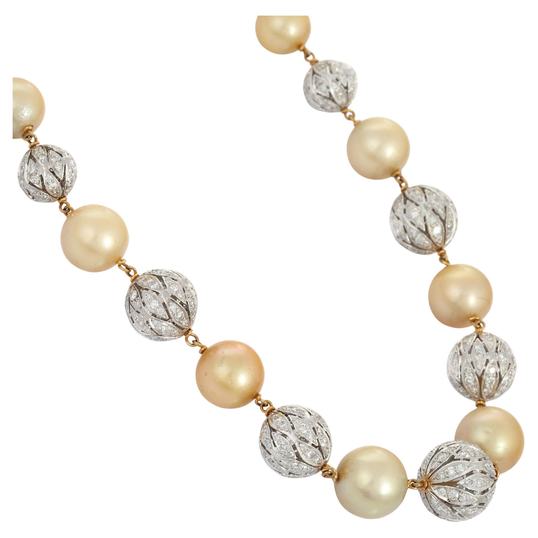 16.5 Carat Diamond Pearl Beaded Necklace in 14K Yellow Gold 