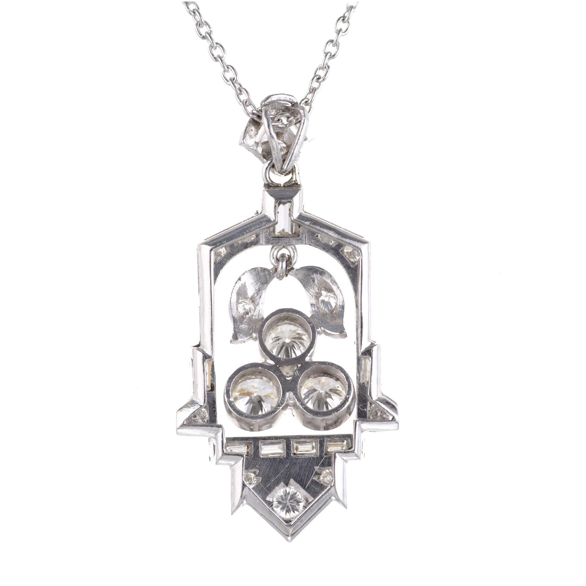 Baguette Cut 1.65 Carat Diamond Platinum Art Deco Pendant Necklace For Sale