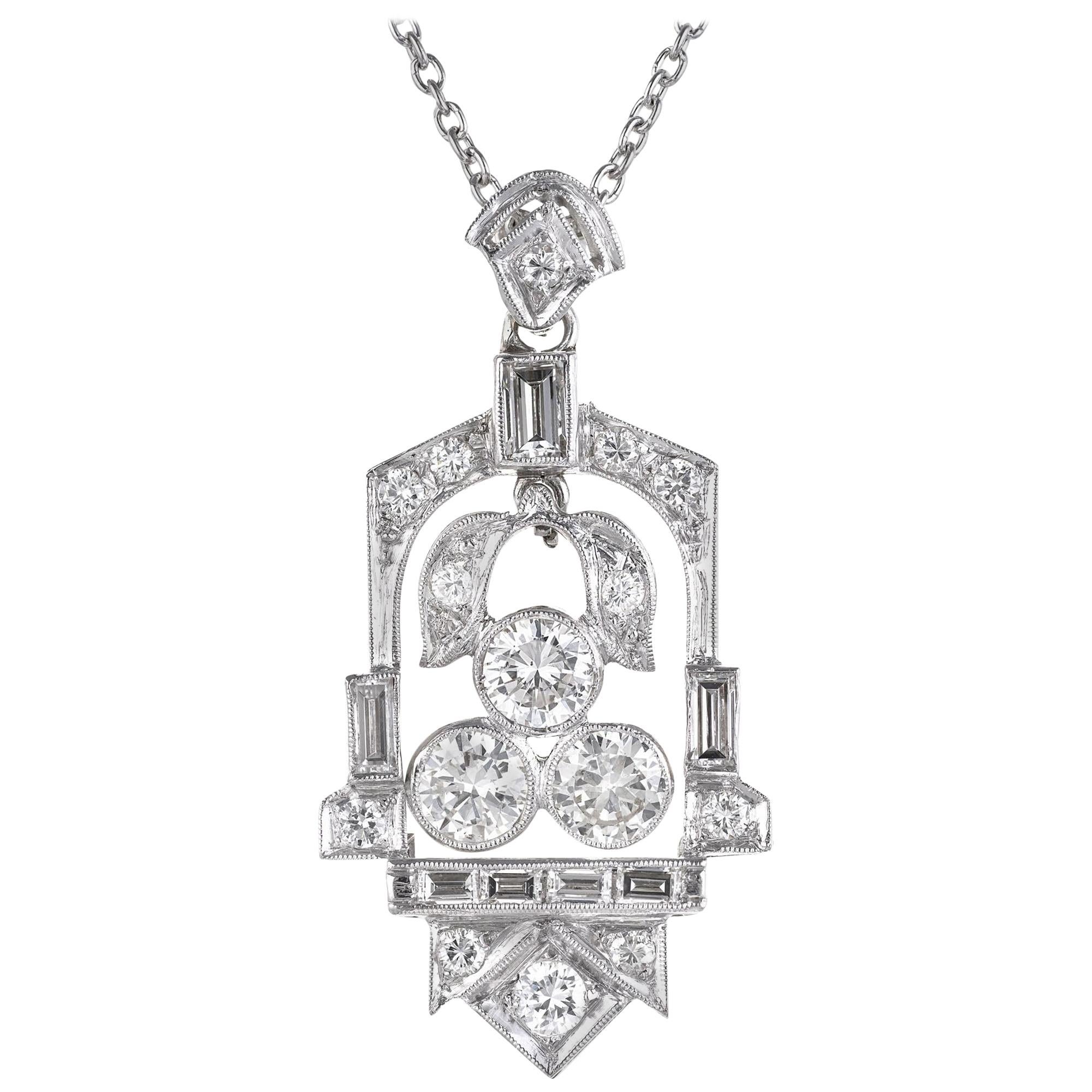 1.65 Carat Diamond Platinum Art Deco Pendant Necklace For Sale