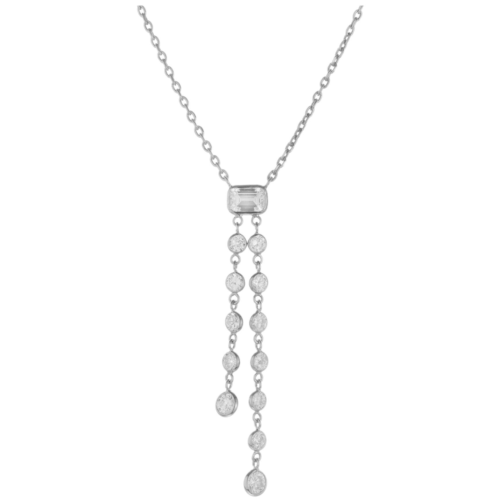 1.65 Carat Diamond Round Emerald Cut Dangle Drop Necklace For Sale
