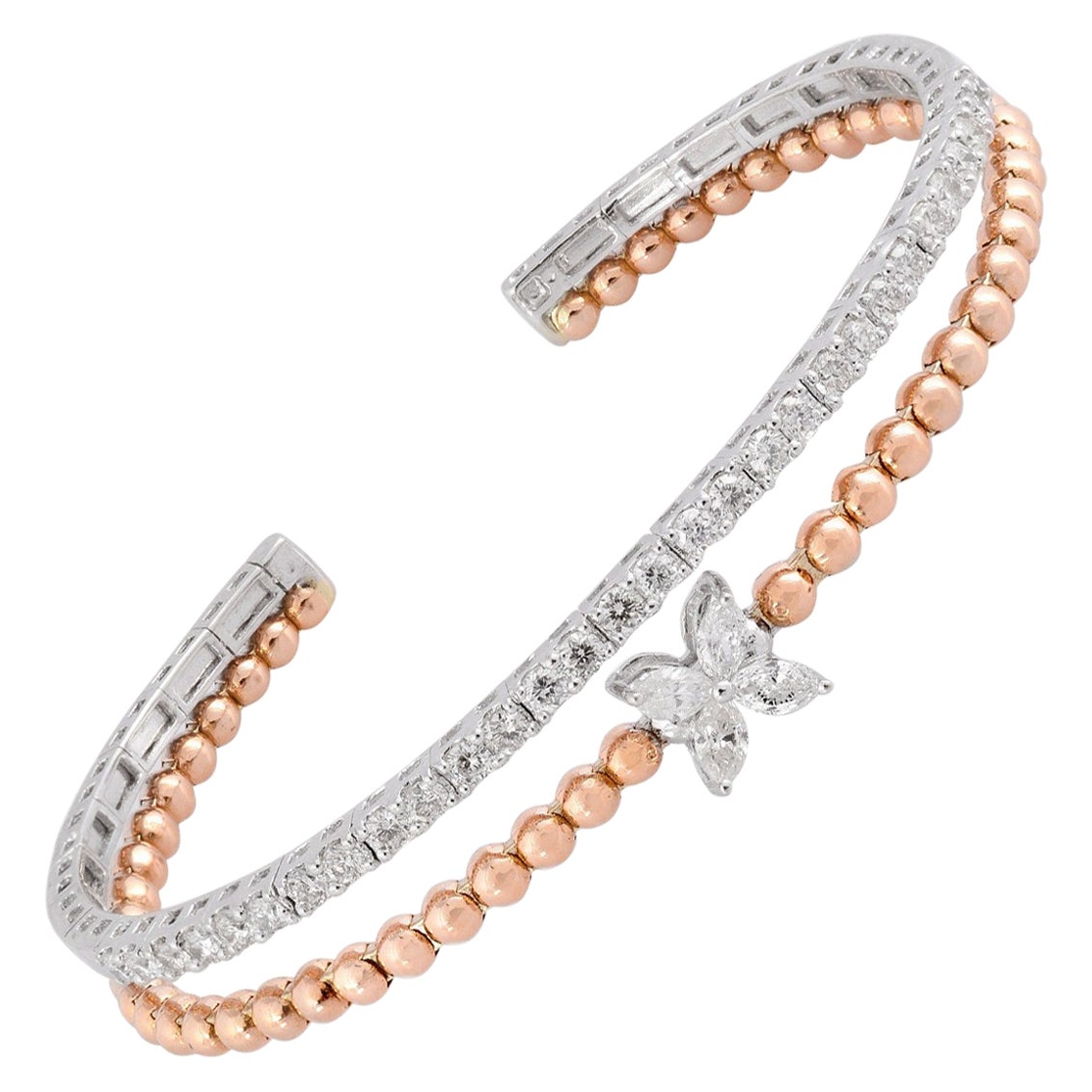 Bracciale Bangle floreale in oro 14 carati con diamante bicolore da 1,65 carati