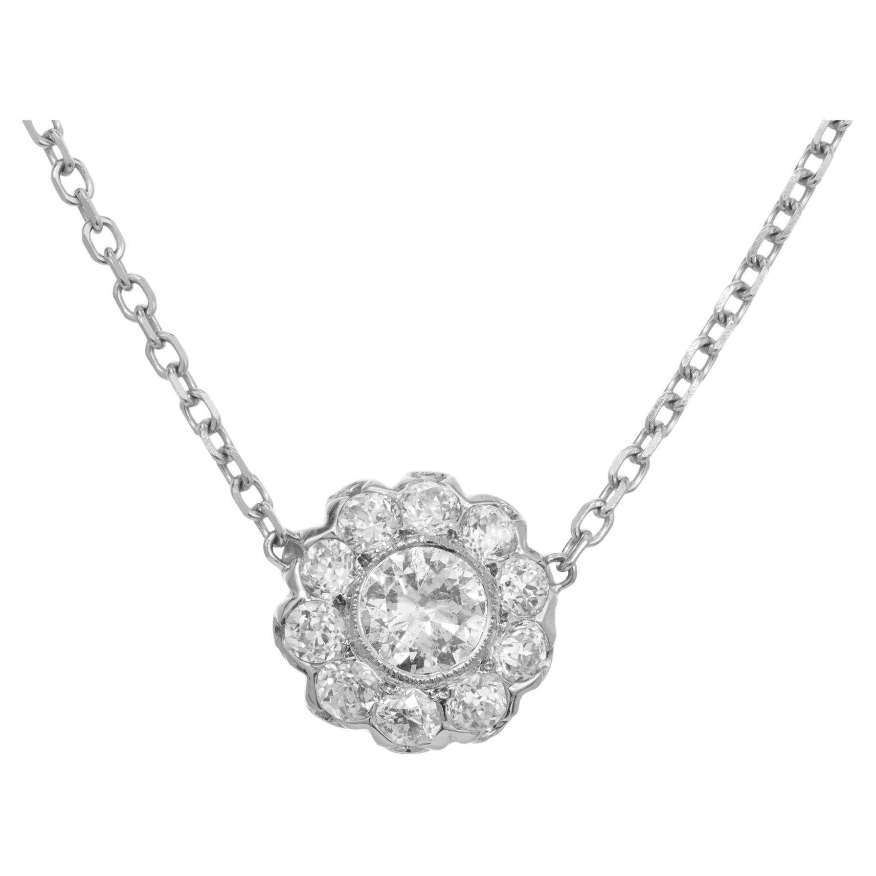 1.65 Carat Diamond White Gold Circle Cluster Art Deco Pendant Necklace 