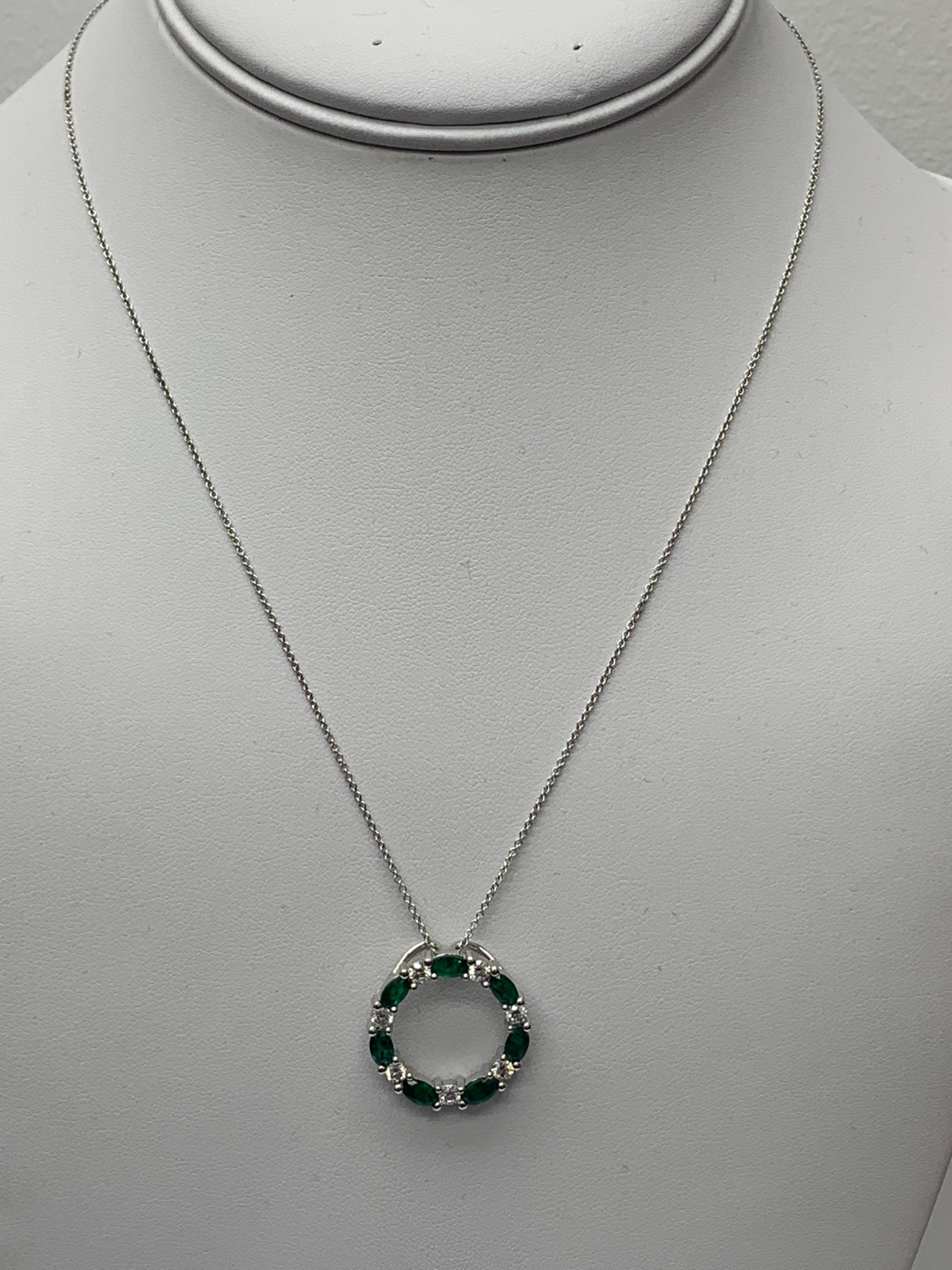 Mixed Cut 1.65 Carat Emerald and Diamond Circle Pendant Necklace in 14k White Gold For Sale