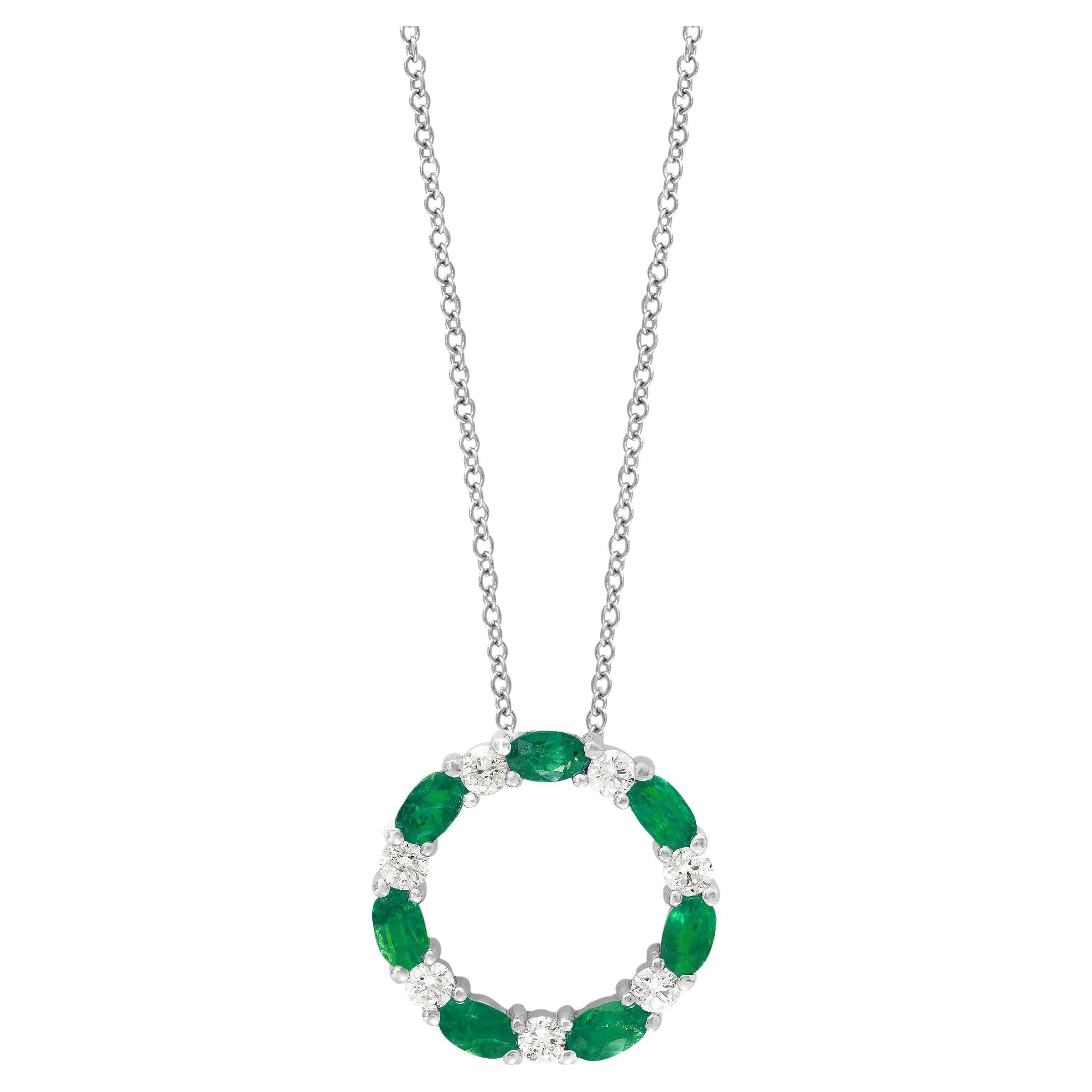 1.65 Carat Emerald and Diamond Circle Pendant Necklace in 14k White Gold For Sale