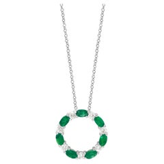 1.65 Carat Emerald and Diamond Circle Pendant Necklace in 14k White Gold