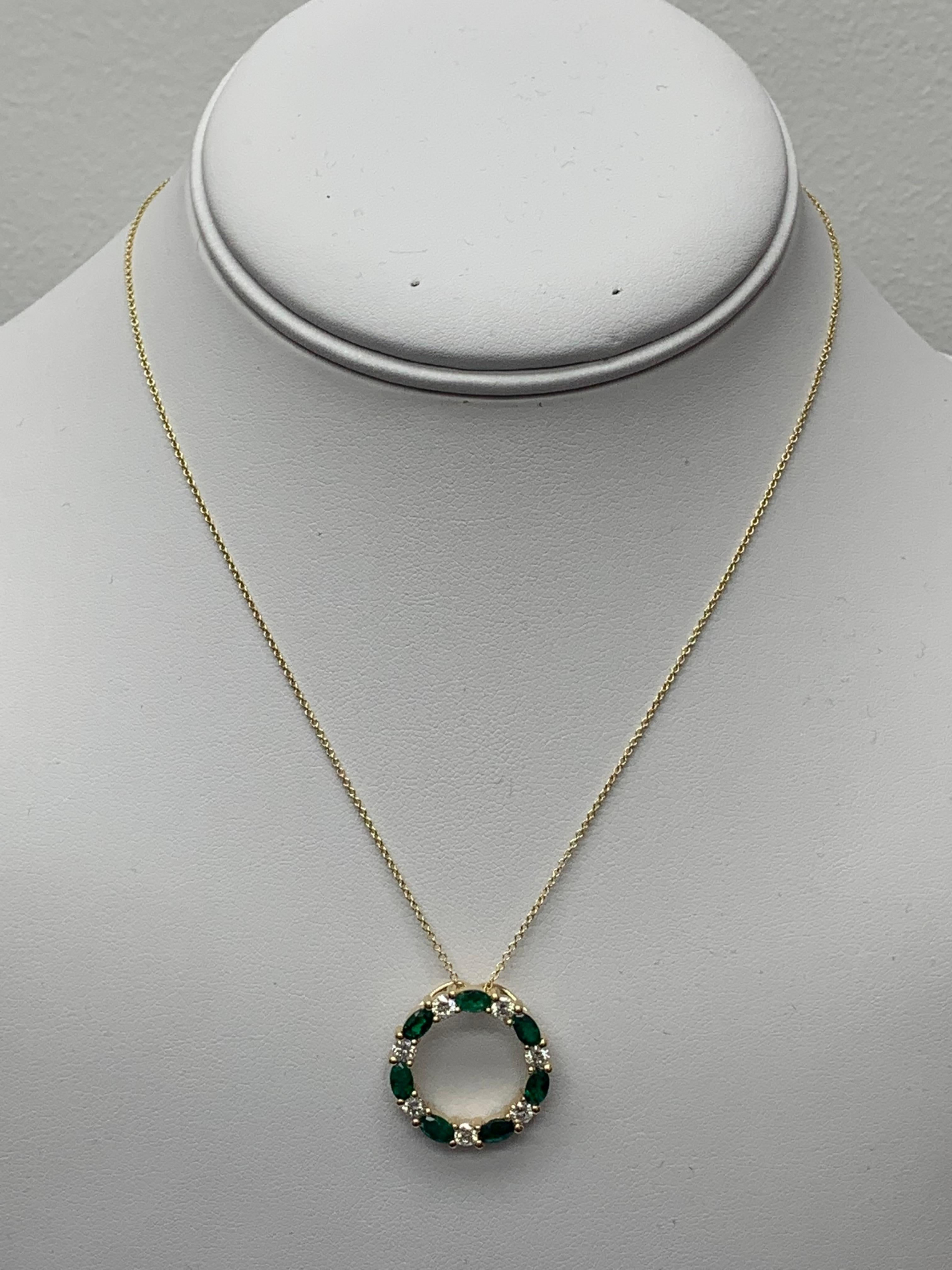 Mixed Cut 1.65 Carat Emerald and Diamond Circle Pendant Necklace in 14k Yellow Gold For Sale