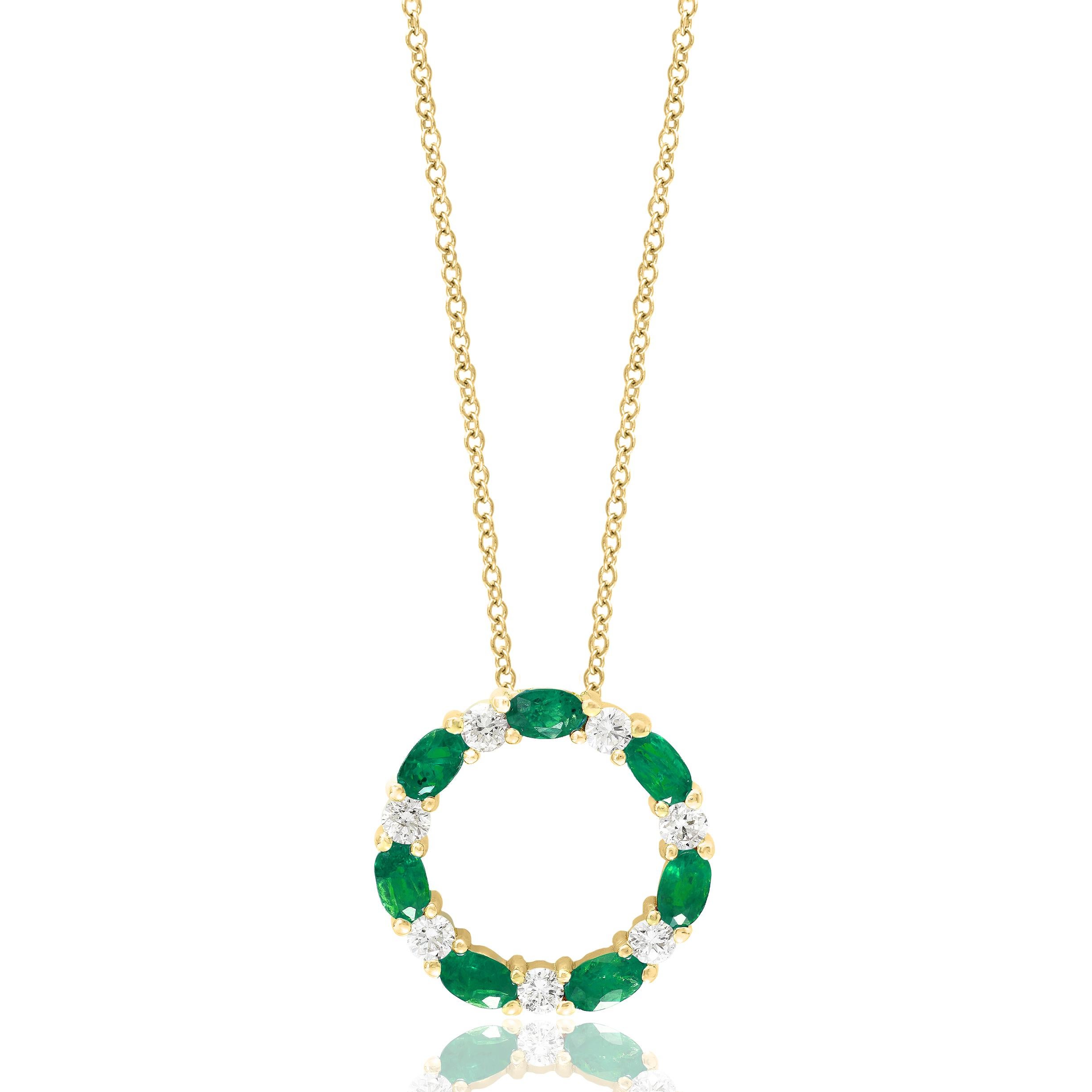 1.65 Carat Emerald and Diamond Circle Pendant Necklace in 14k Yellow Gold For Sale