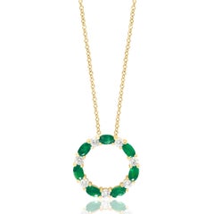 1.65 Carat Emerald and Diamond Circle Pendant Necklace in 14k Yellow Gold