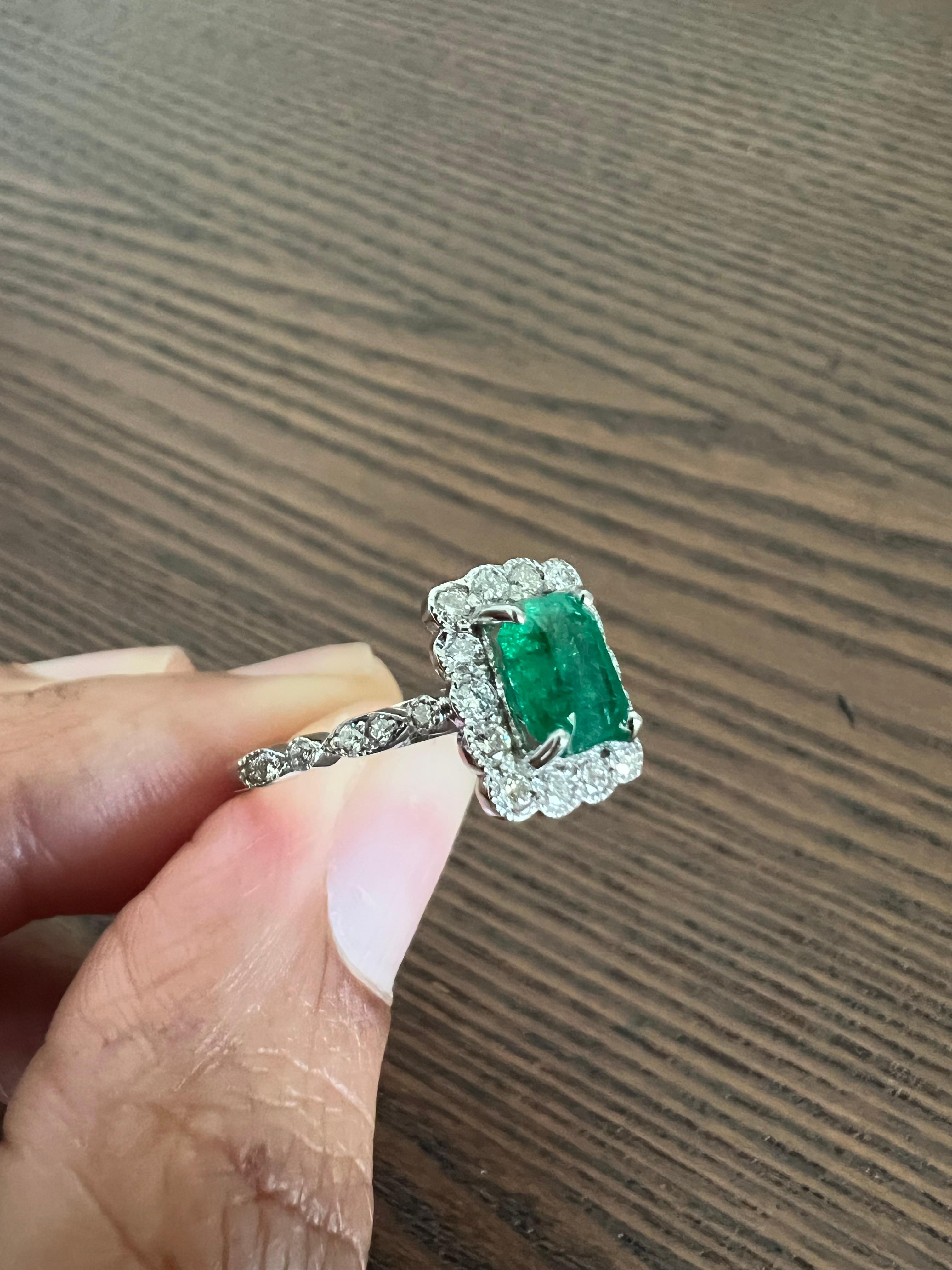 1.65 Carat Emerald Diamond 18 Karat White Gold Engagement Ring For Sale 2