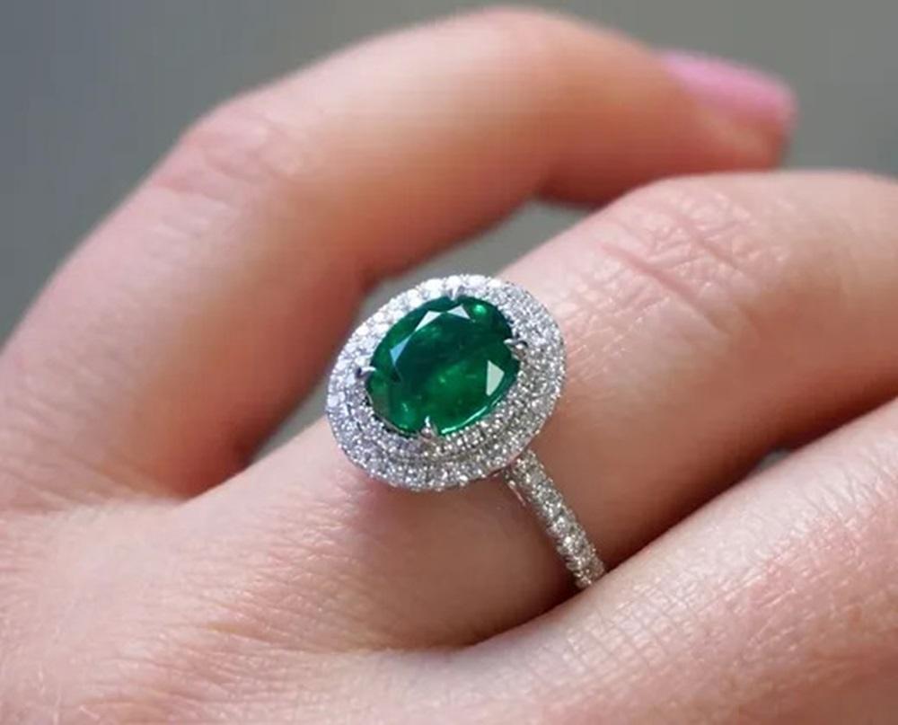 1.65 Carat Emerald Double Halo Ring For Sale 1