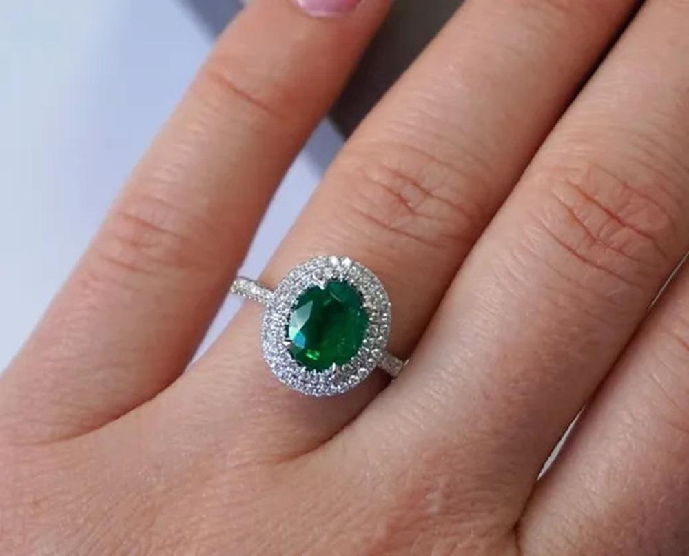 1.65 Carat Emerald Double Halo Ring For Sale 3