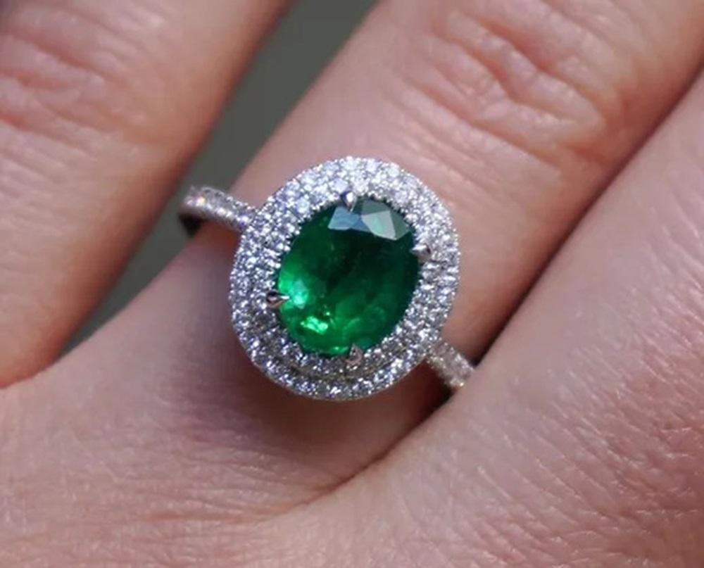 1.65 Carat Emerald Double Halo Ring For Sale 4