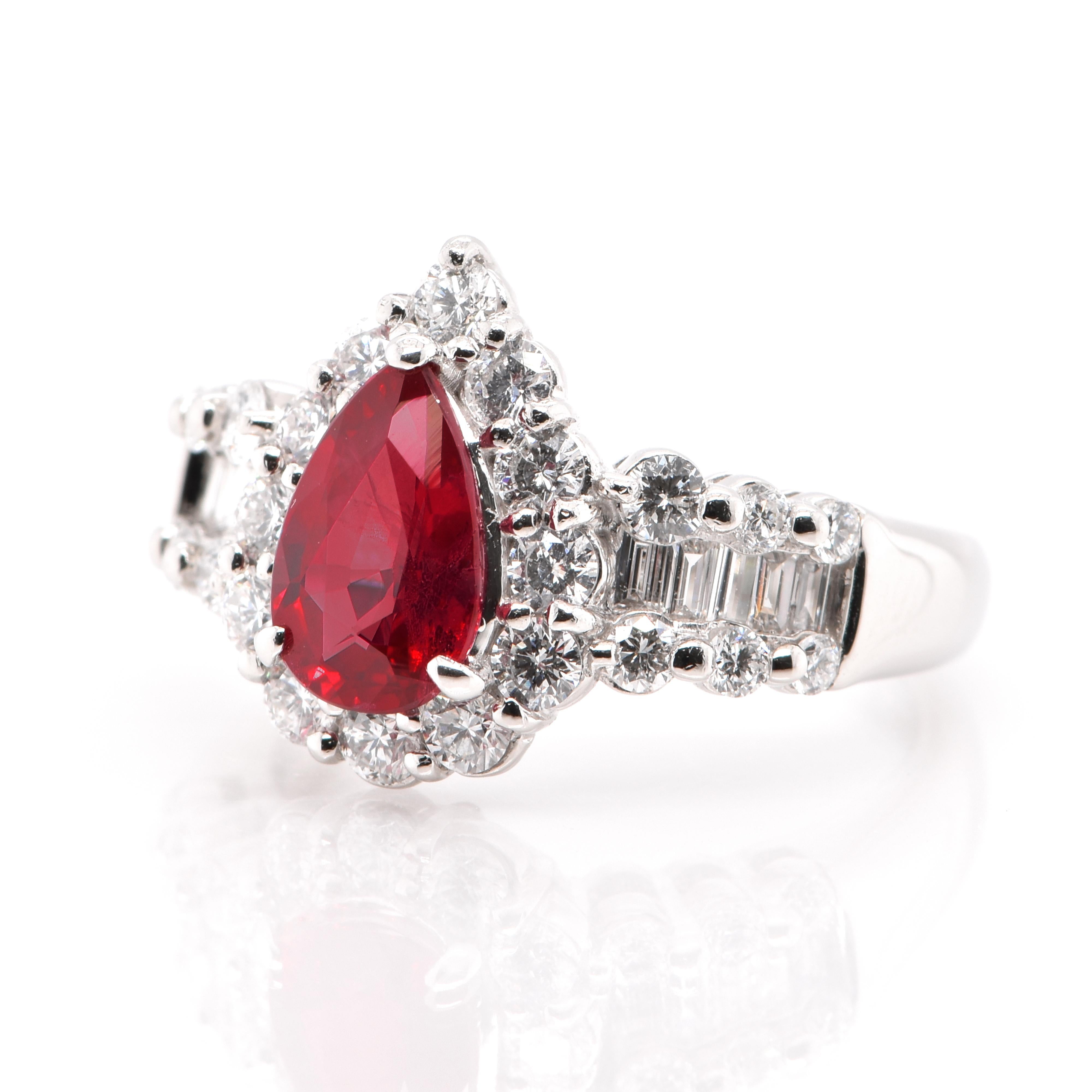 A stunning Ring featuring a GIA Certified, 1.65 Carat, Natural, Pigeon's Blood, Burmese Ruby and 1.05 Carats of Diamonds set in Platinum. Rubies are referred to as 